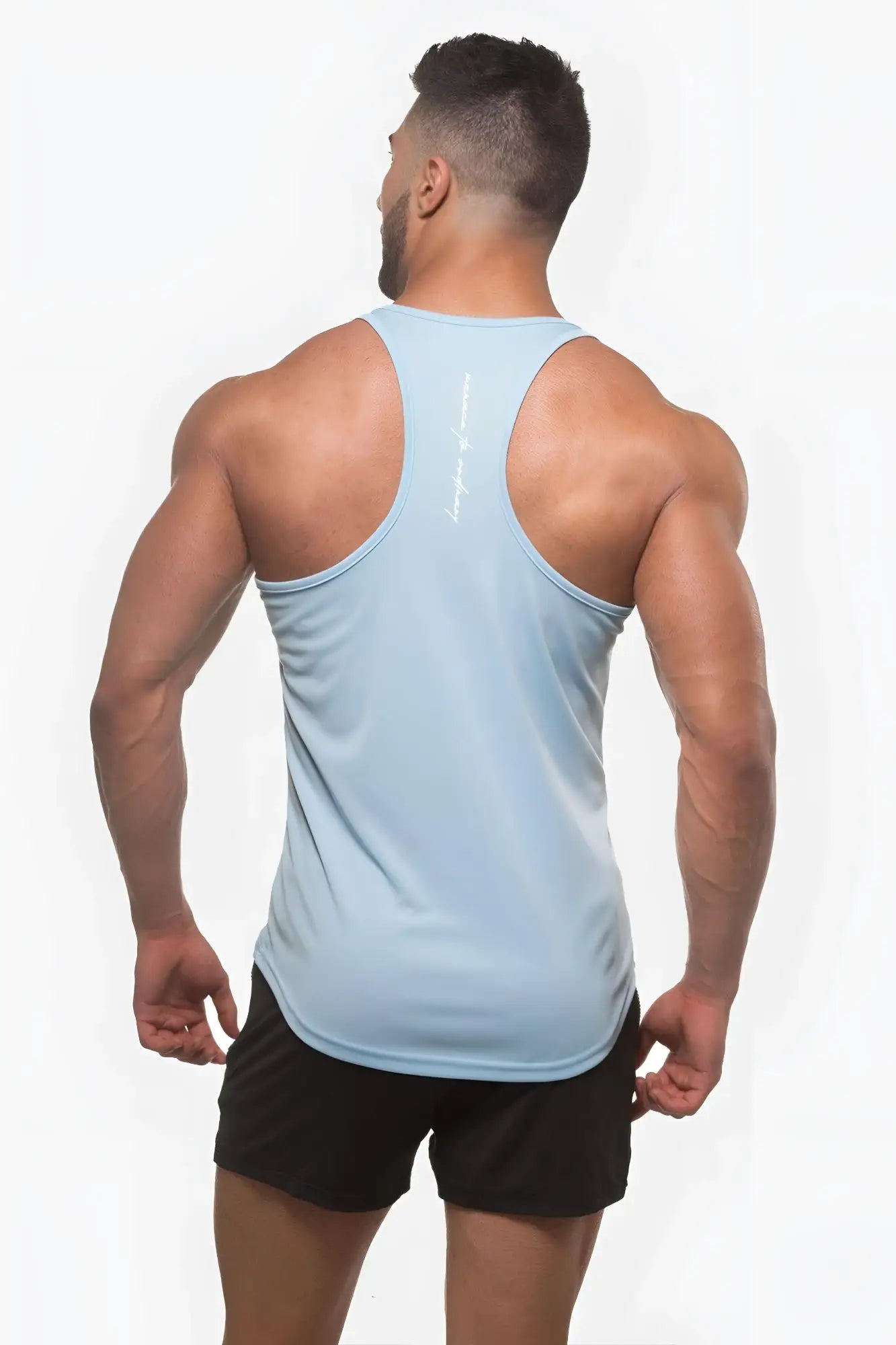 Light blue sleeveless jed north fast-dry bodybuilding workout stringer showing back with subtle white logo