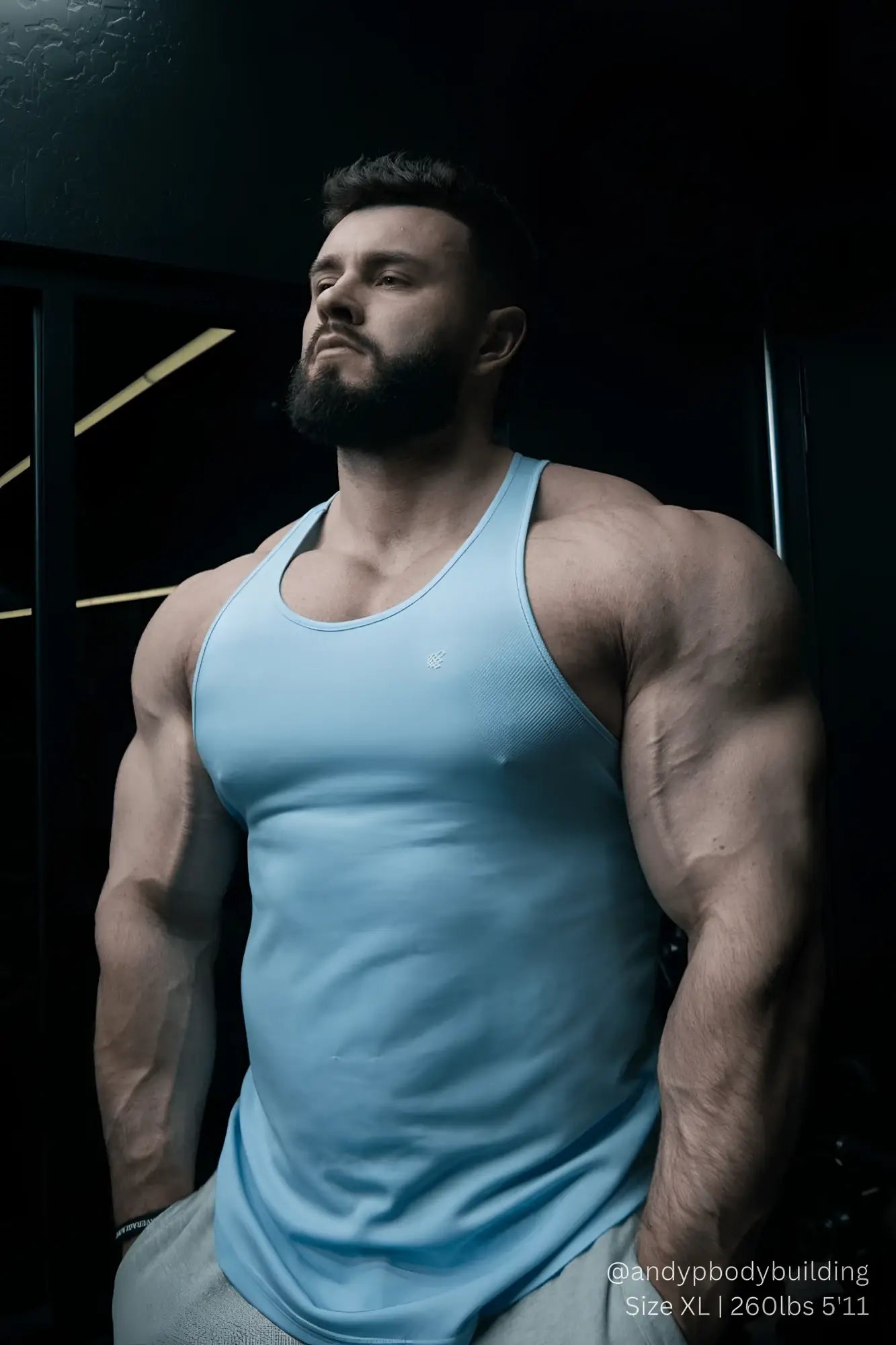 Jed North fast-dry bodybuilding workout stringer tank top in light blue with textured fabric and chest logo