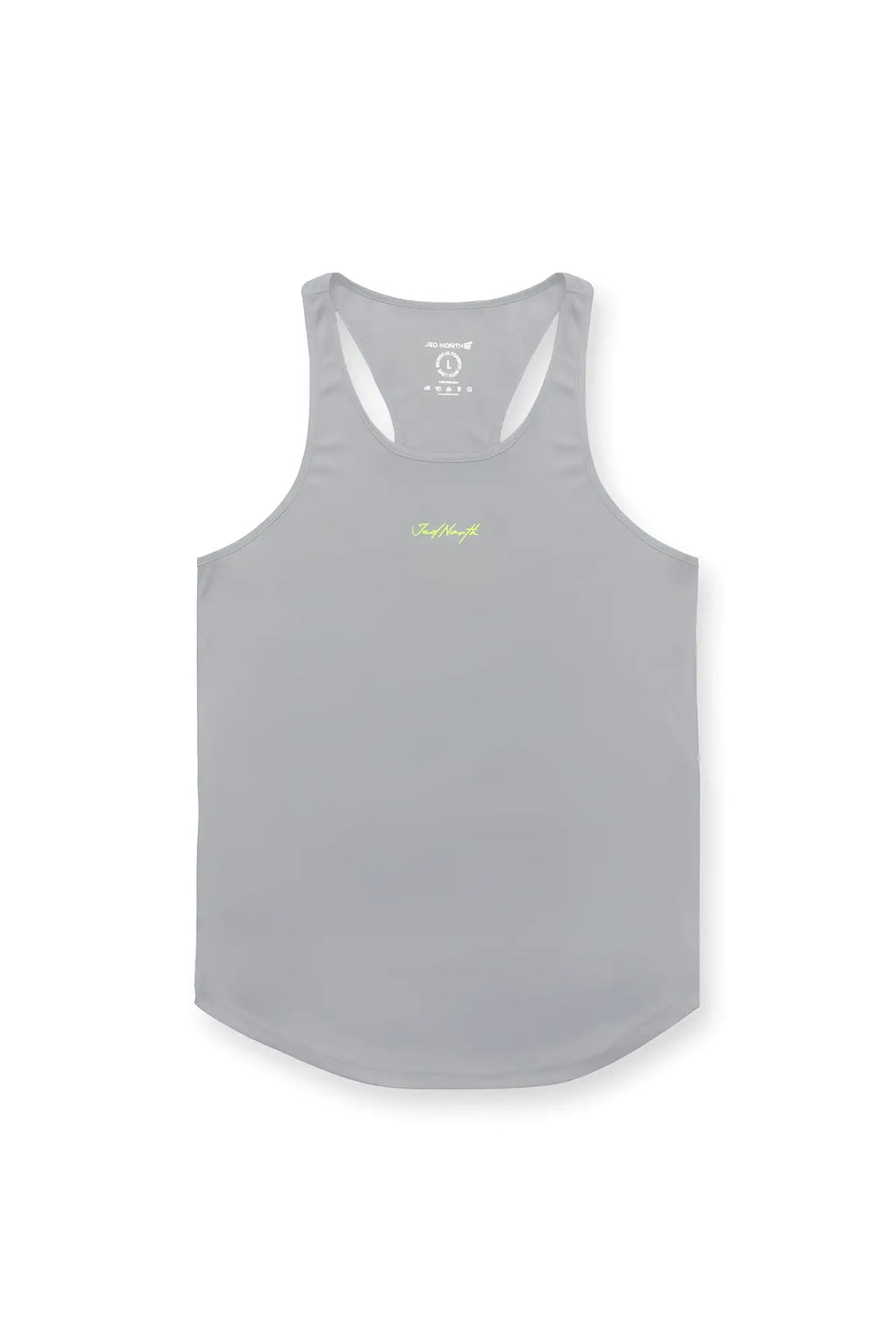 A sleek light gray fast dry bodybuilding workout stringer with a subtle yellow neon logo embroidered on the chest
