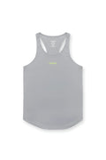 A sleek light gray fast dry bodybuilding workout stringer with a subtle yellow neon logo embroidered on the chest