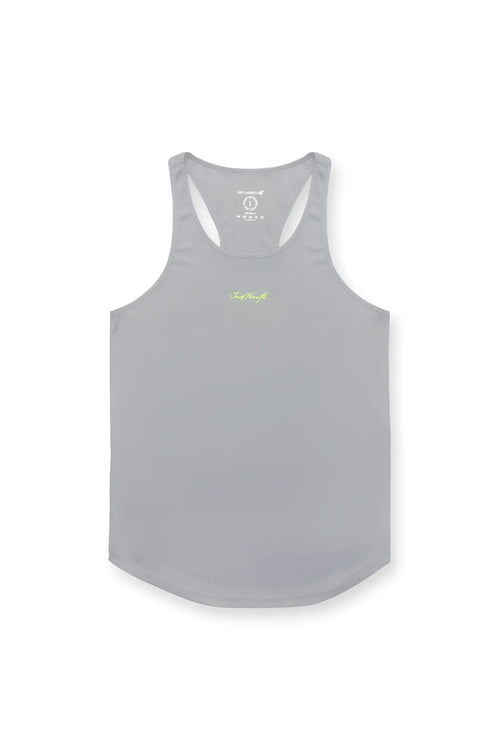 A sleek light gray fast dry bodybuilding workout stringer with a subtle yellow neon logo embroidered on the chest