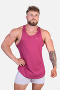 A magenta fast-dry bodybuilding workout stringer tank top with a scoop neckline and subtle brand logo on the chest