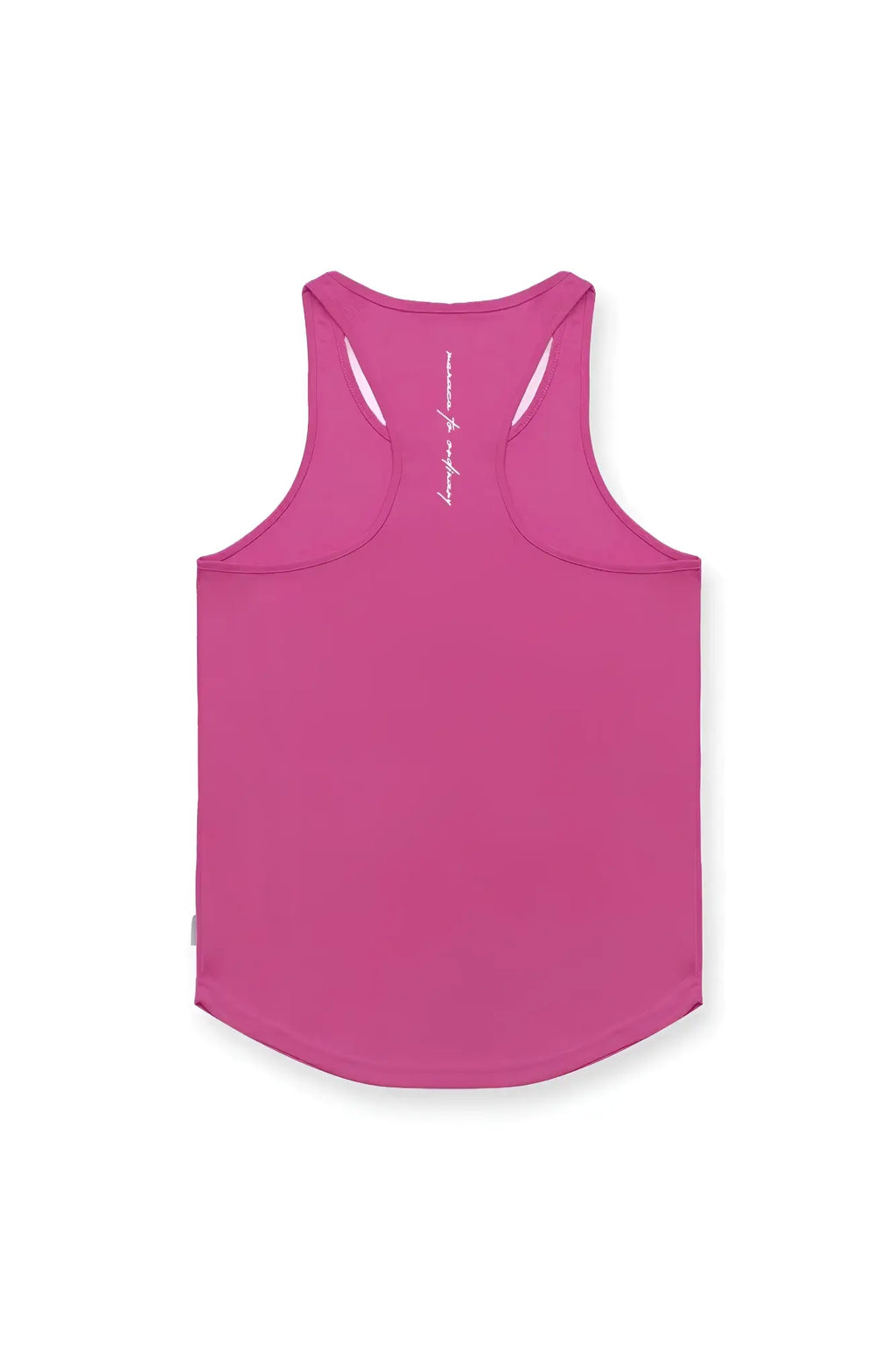 Back view of a vibrant magenta fast-dry bodybuilding workout stringer tank top with racerback design and white branding along spine