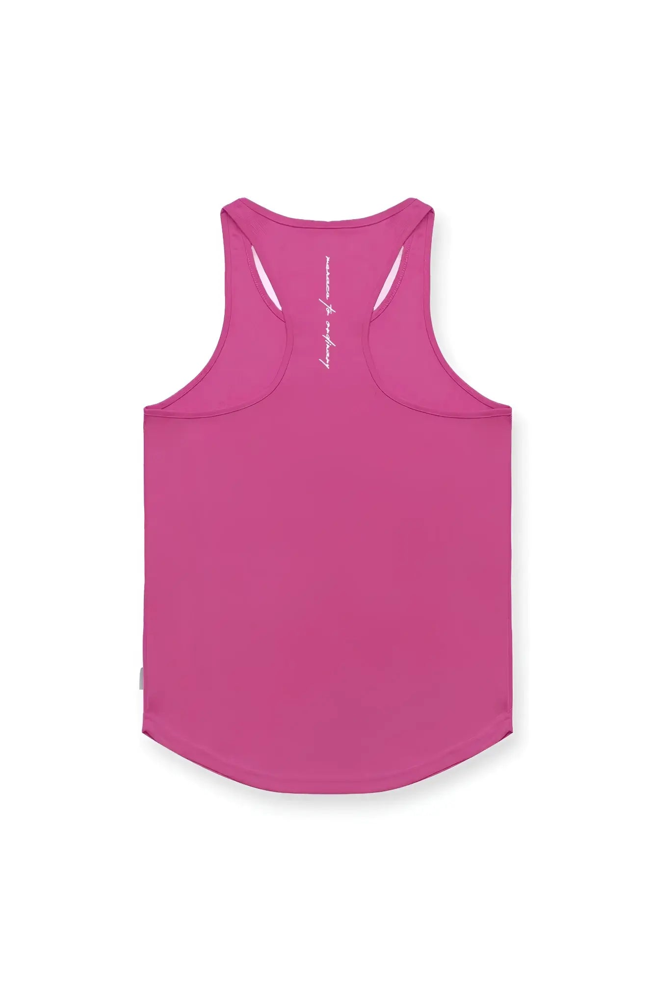 Back view of a vibrant magenta fast-dry bodybuilding workout stringer tank top with racerback design and white branding along spine