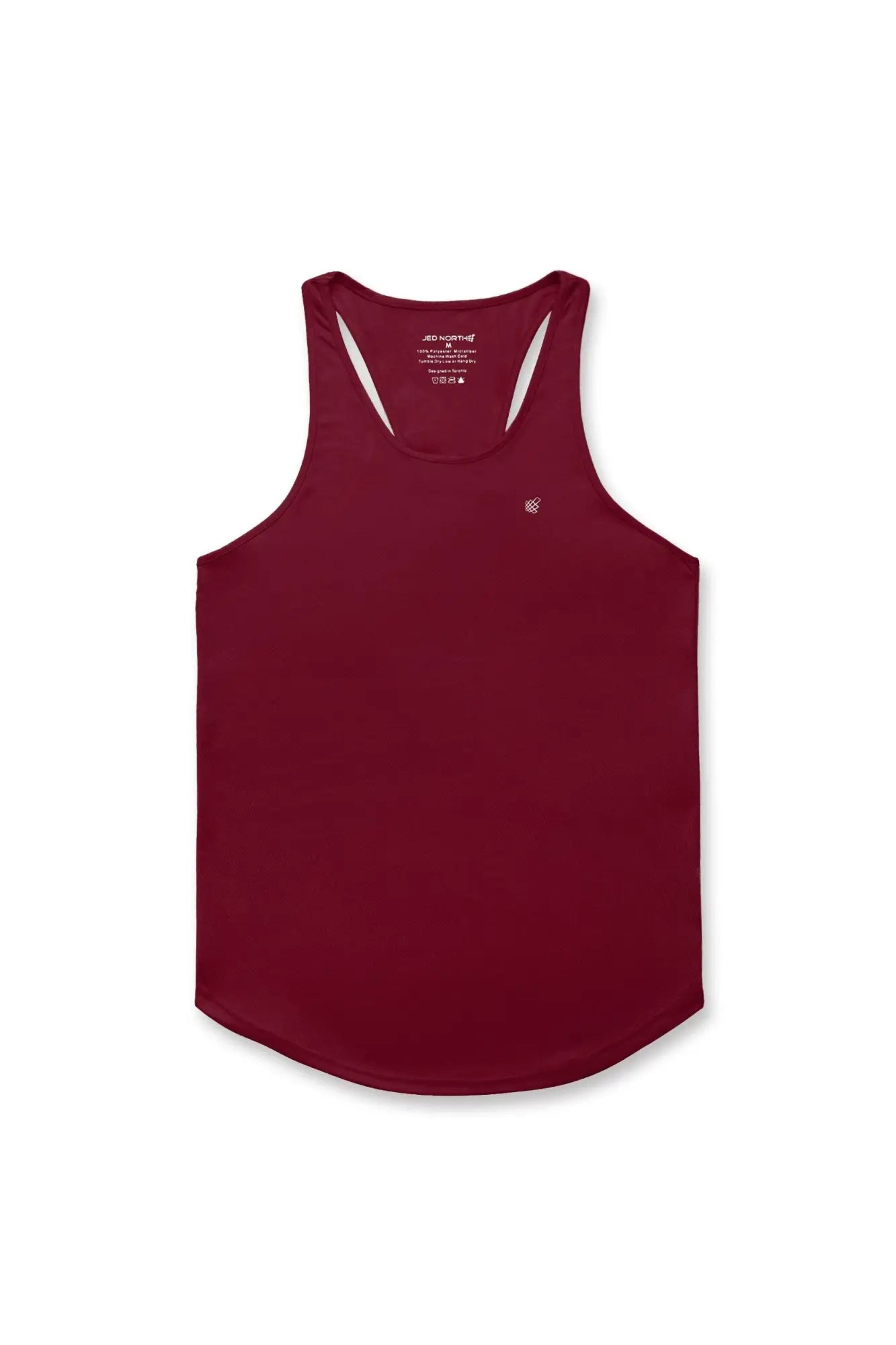 A maroon jed north fast-dry bodybuilding workout stringer tank top with racerback design and embroidered chest logo
