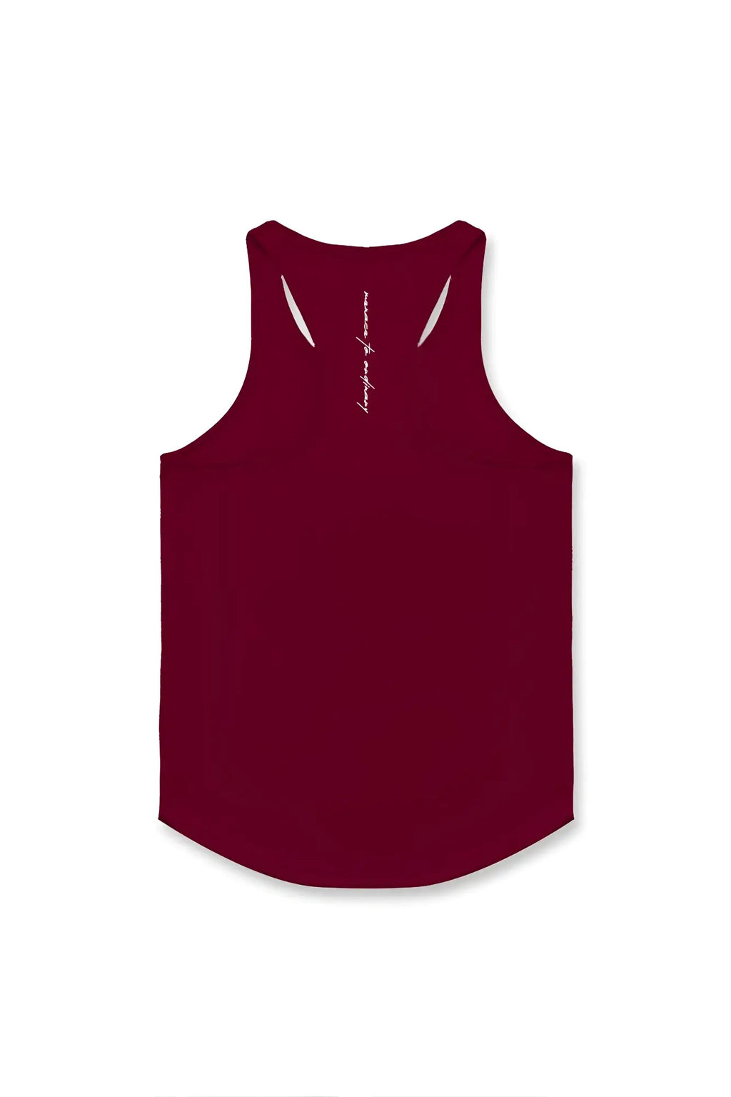 Back view of jed north fast-dry bodybuilding workout stringer in maroon with subtle white vertical script detail