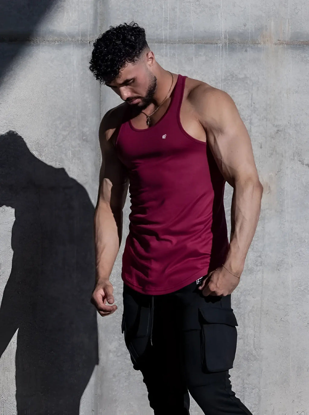 Maroon jed north fast-dry bodybuilding workout stringer tank top with subtle chest logo and sleeveless design
