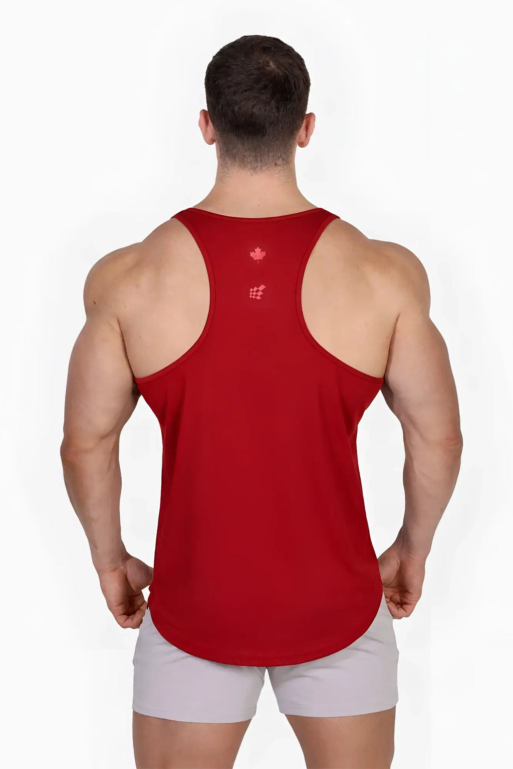 Back view of a maroon fast-dry bodybuilding workout stringer tank top with a maple leaf hashtag canada logo