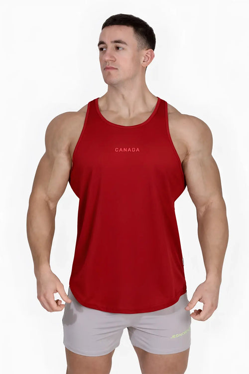 Red sleeveless fast-dry bodybuilding workout tank top with Canada logo embroidered in white across the chest