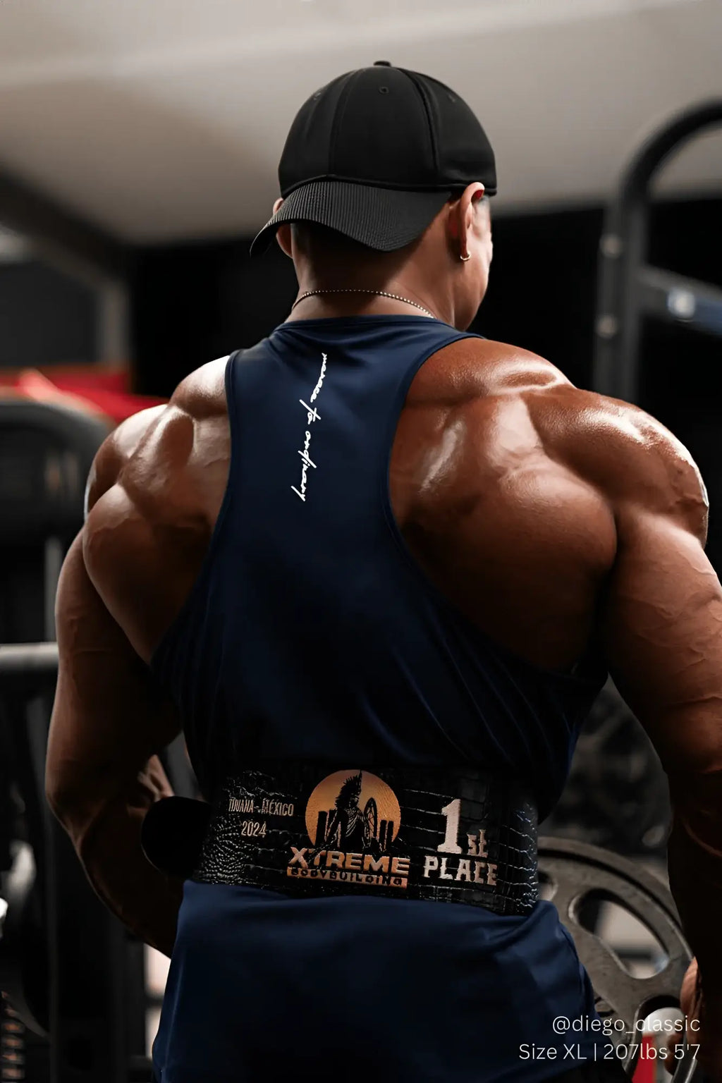 Black textured weightlifting belt with xtreme place and 1st place 2024 branding for jed north fast-dry bodybuilding stringer navy
