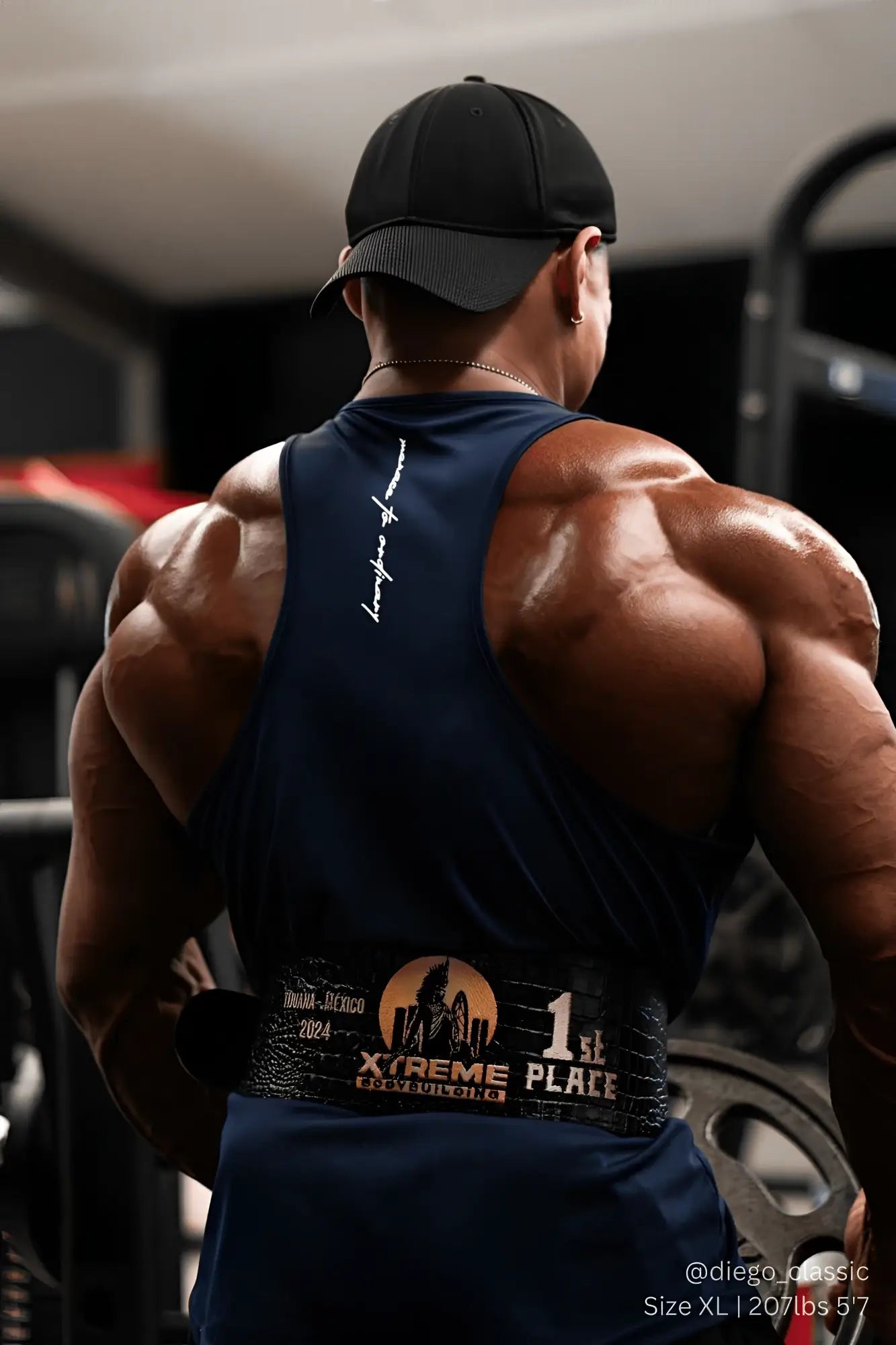 Black textured weightlifting belt with xtreme place and 1st place 2024 branding for jed north fast-dry bodybuilding stringer navy