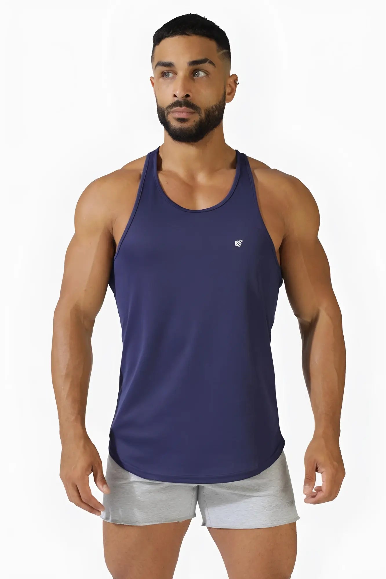 Navy jed north fast-dry bodybuilding workout stringer tank top with racerback and small white logo on left chest