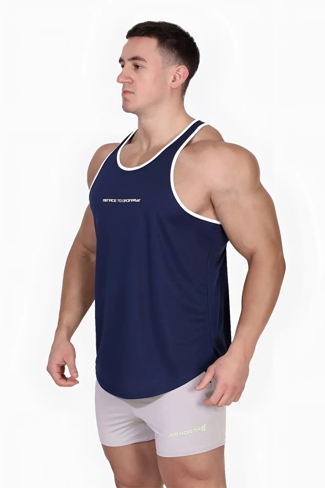 Navy blue fast-dry bodybuilding workout stringer tank top with white trim and subtle chest logo for men
