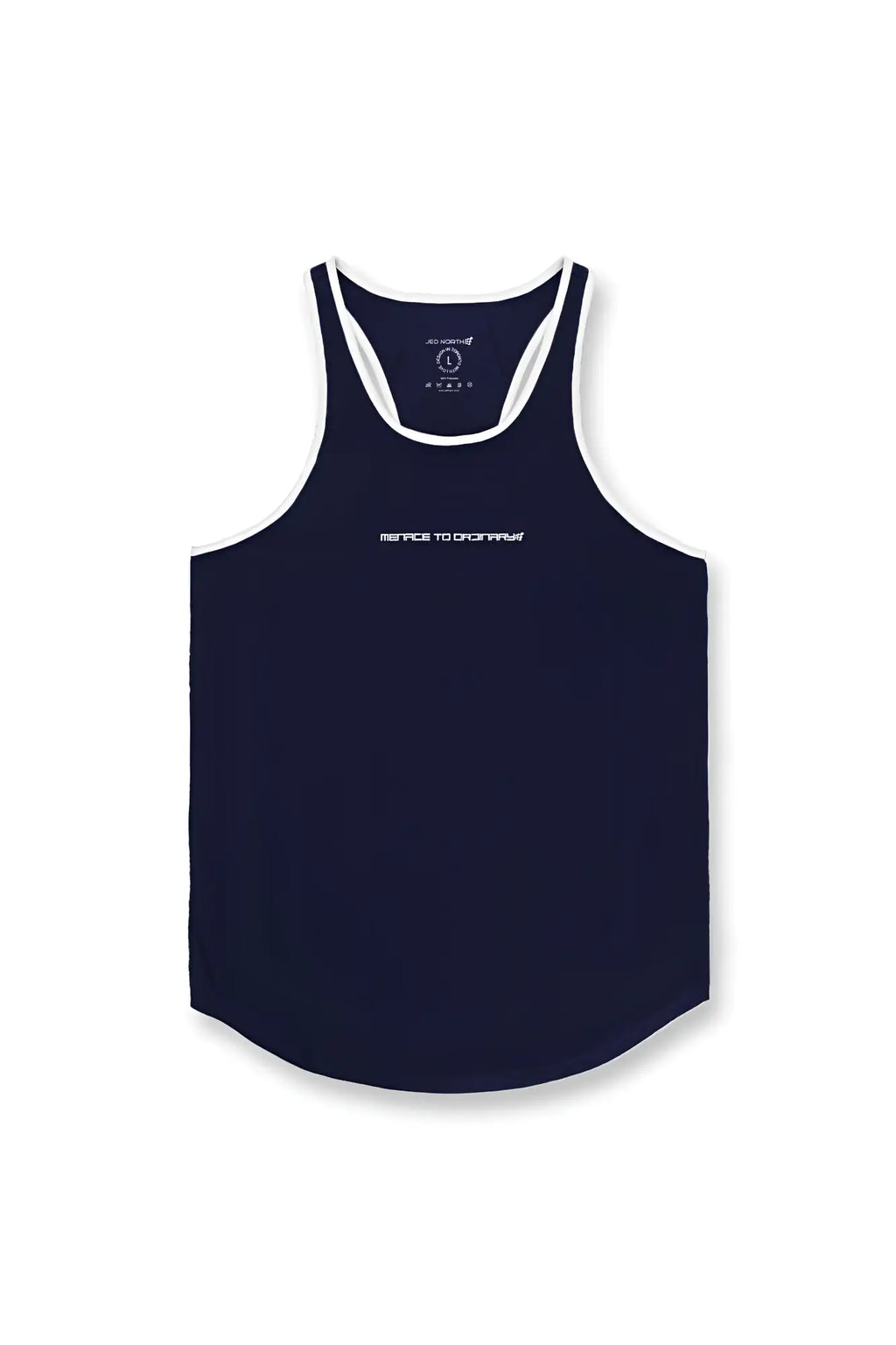 Navy blue fast-dry bodybuilding workout stringer tank top with white trim and subtle white text logo across the chest
