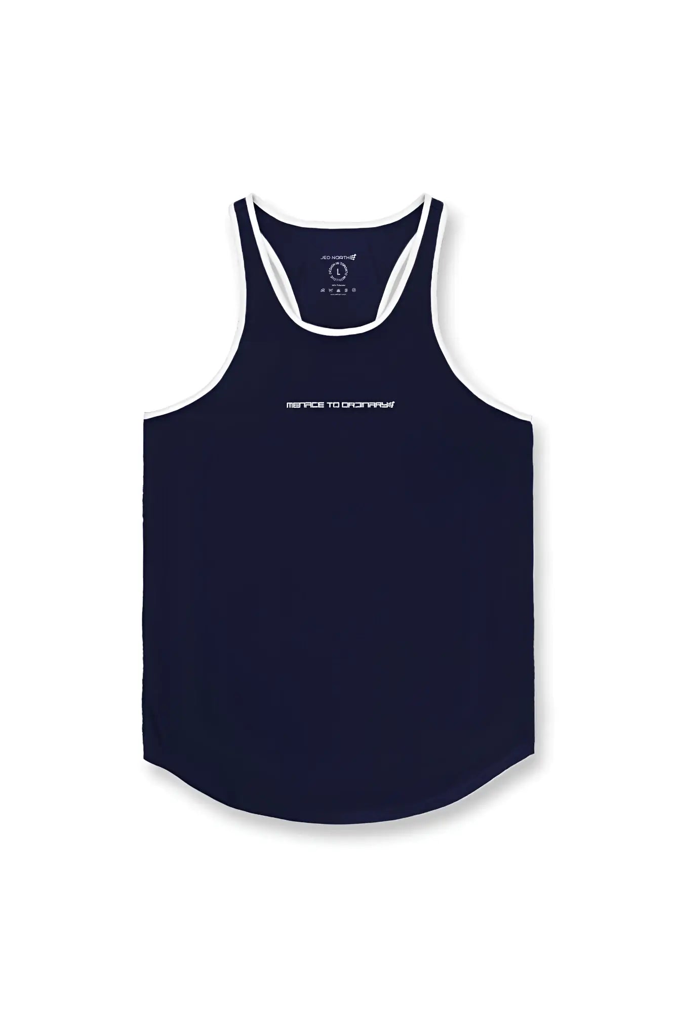 Navy blue fast-dry bodybuilding workout stringer tank top with white trim and subtle white text logo across the chest