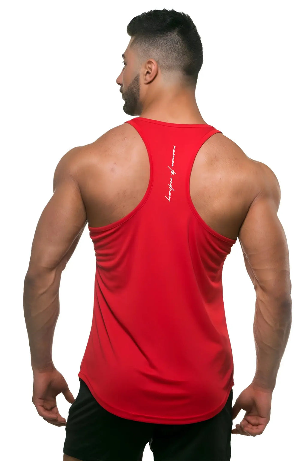 Back view of a red fast-dry bodybuilding workout stringer tank top with subtle white script logo on upper back