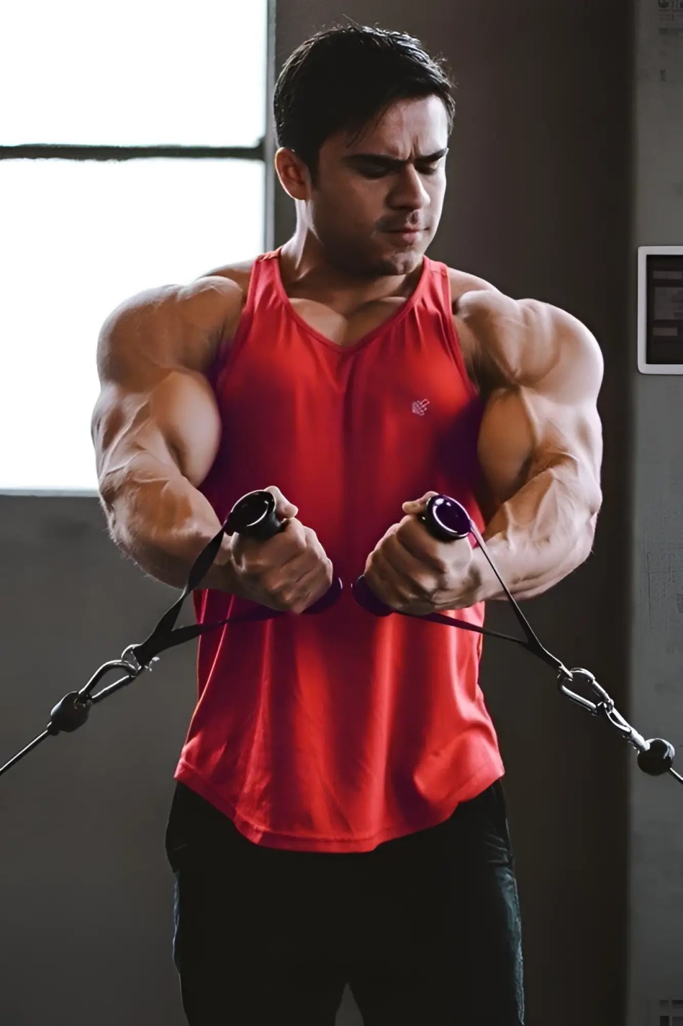 A man wearing a vibrant red fast-dry bodybuilding workout stringer sleeveless tank top with a small chest logo
