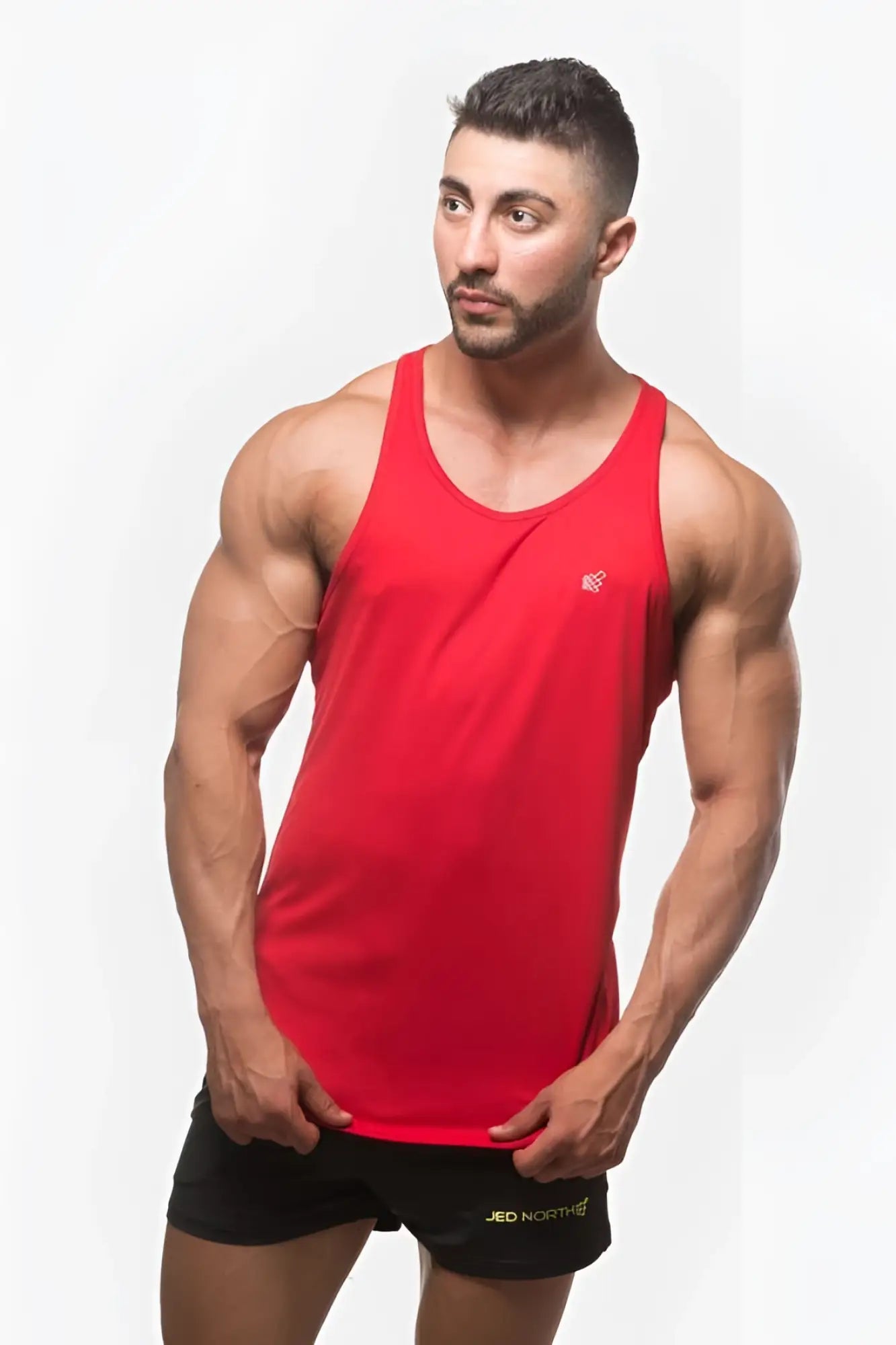 Red sleeveless fast-dry bodybuilding workout stringer tank top with small logo on upper left chest