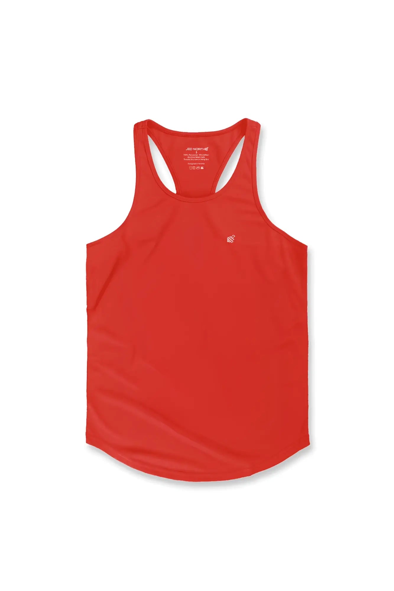 A vibrant red sleeveless racerback fast-dry bodybuilding workout stringer tank top with small chest logo