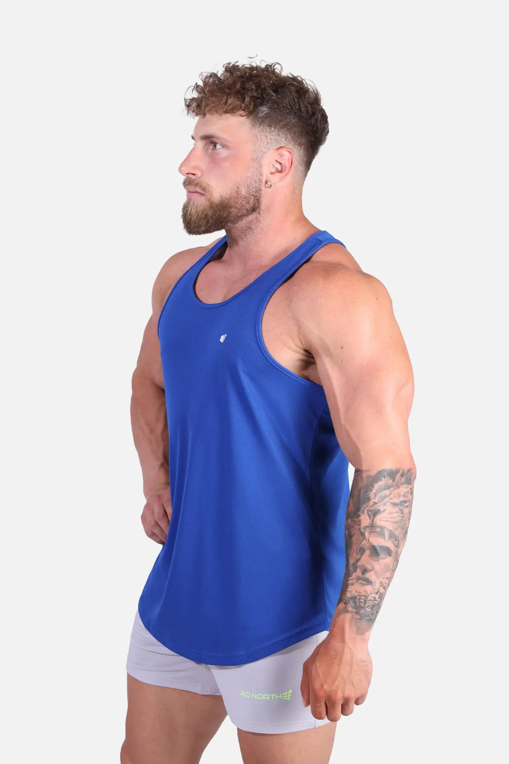 Blue fast-dry bodybuilding workout stringer tank top with small logo on upper left chest for athletic use
