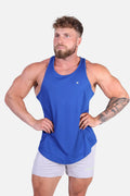 Blue fast-dry bodybuilding workout stringer tank top with small logo on left chest for athletic use