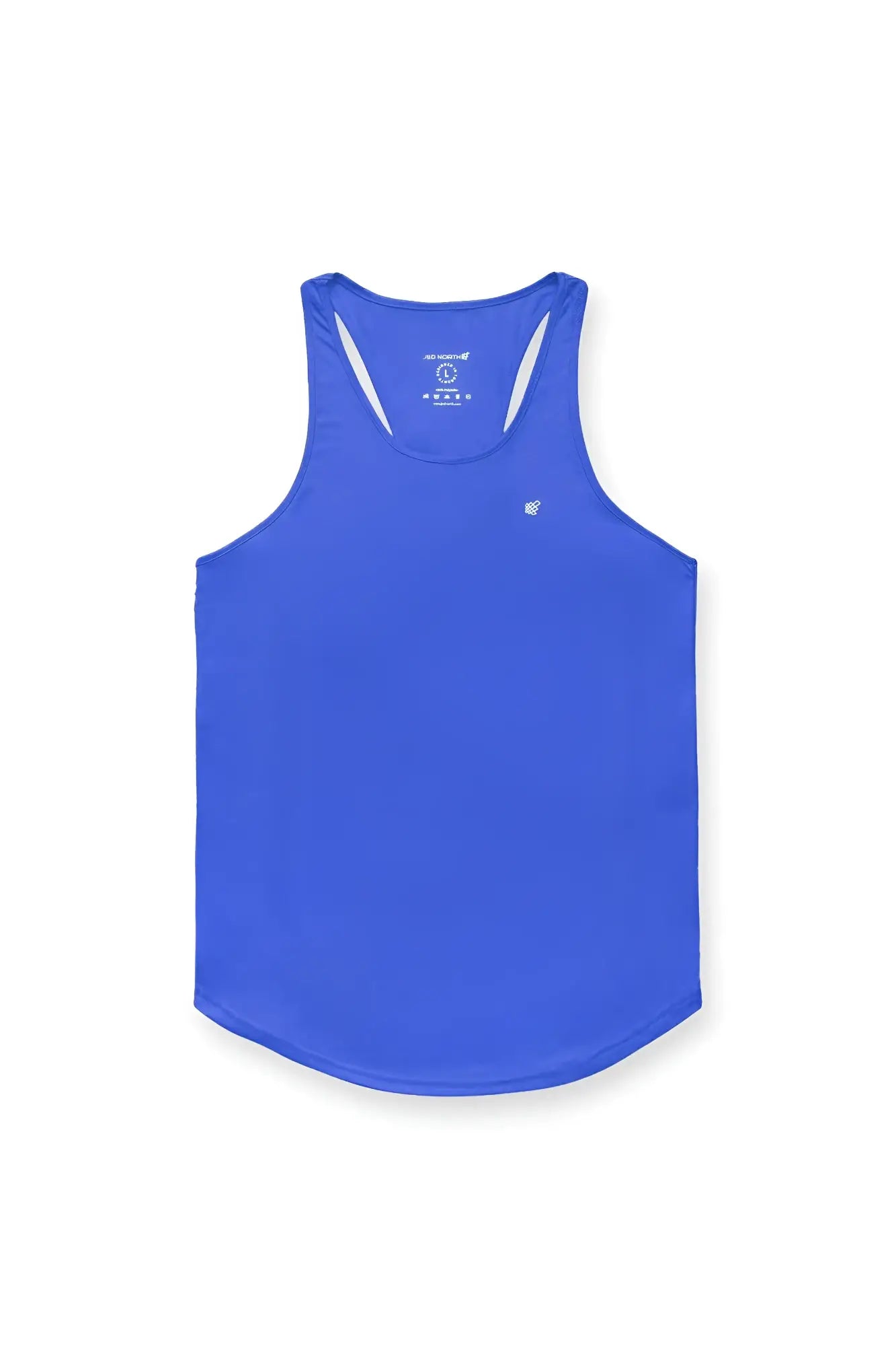 Bright royal blue fast-dry bodybuilding workout stringer tank top with white trim and small logo on upper left chest
