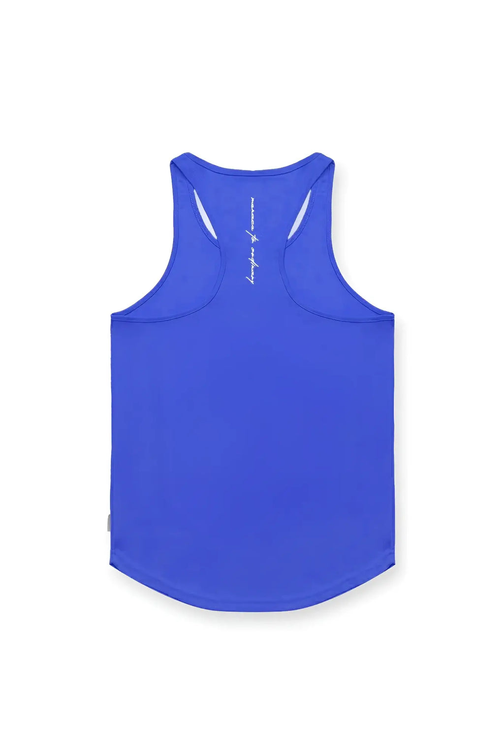 Back view of vibrant royal blue fast dry bodybuilding workout stringer tank top with sleek racerback design and subtle white branding