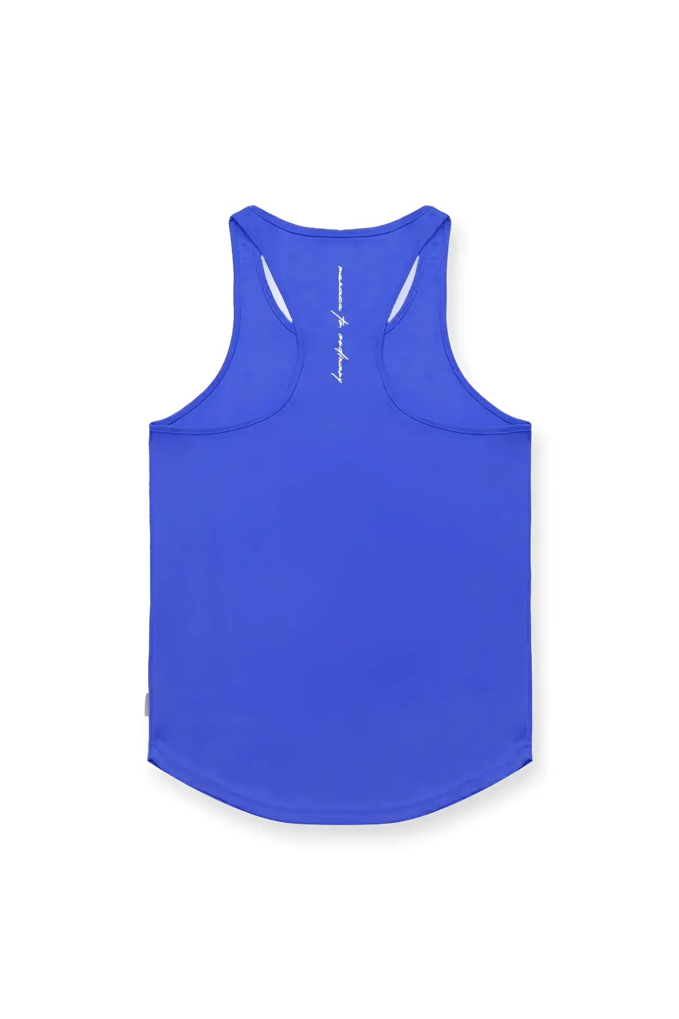 Back view of vibrant royal blue fast dry bodybuilding workout stringer tank top with sleek racerback design and subtle white branding