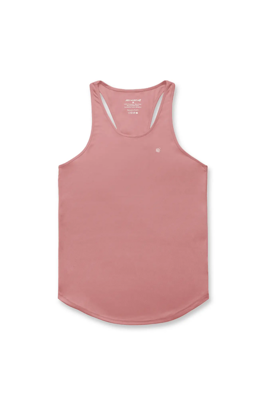 Jed North fast-dry bodybuilding workout stringer in salmon pink with white trim and a rounded neckline