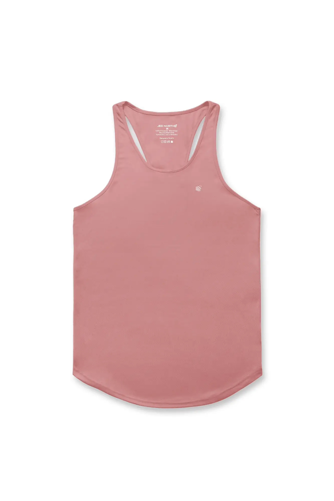 Jed North fast-dry bodybuilding workout stringer in salmon pink with white trim and a rounded neckline