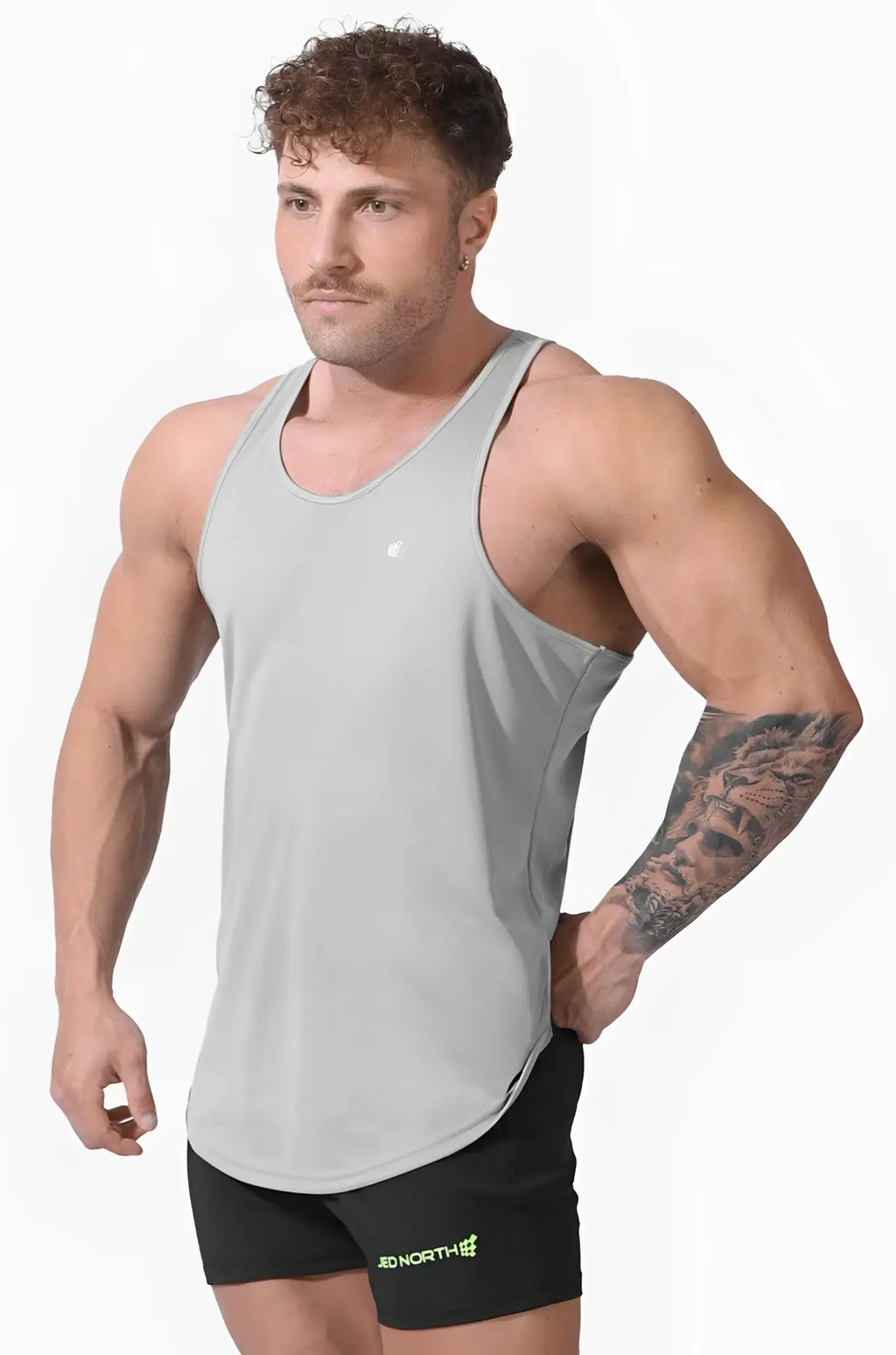 Gray jed north fast-dry bodybuilding workout stringer tank top with subtle chest logo for athletic training