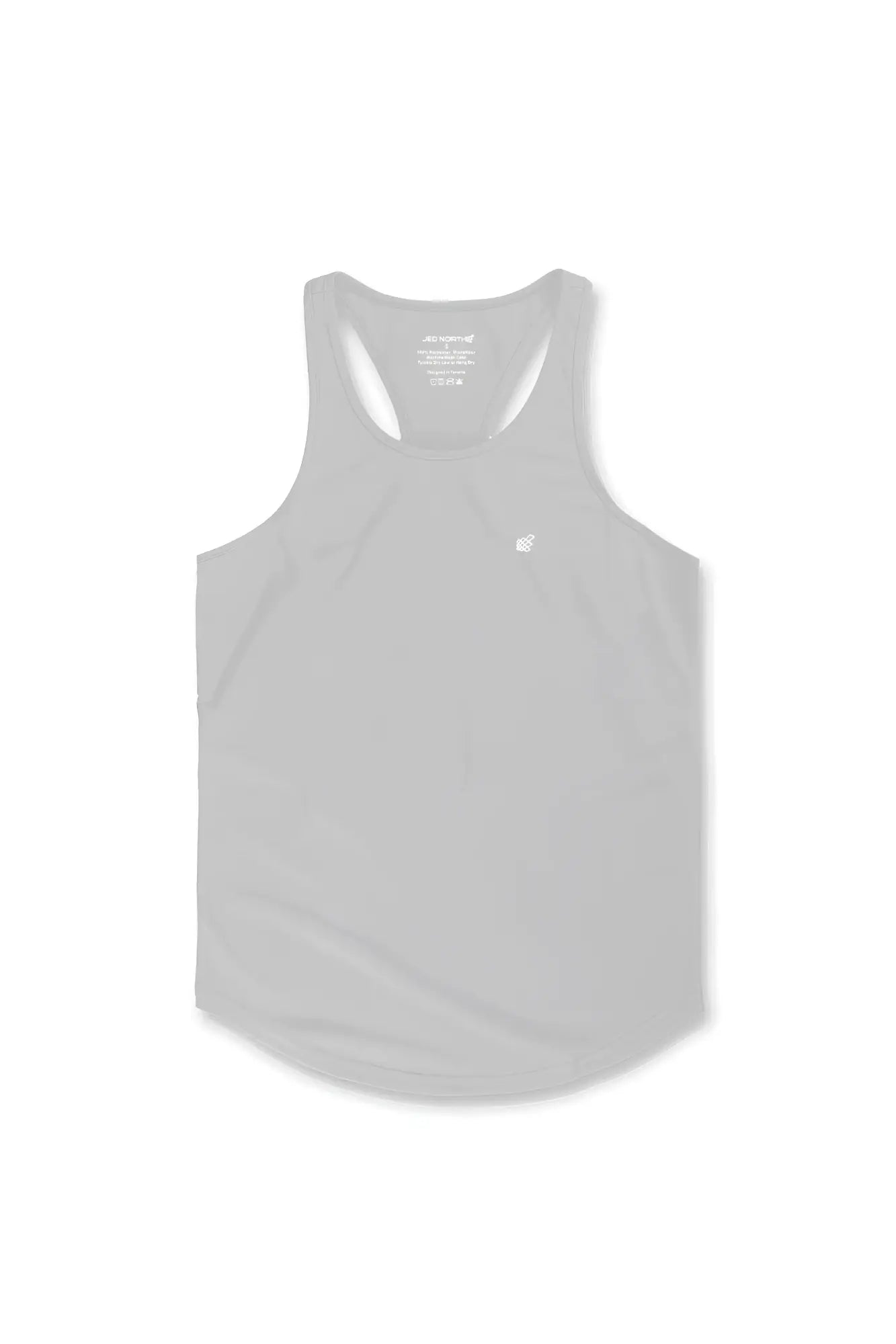 A silver jed north fast-dry sleeveless bodybuilding workout stringer tank top with a white chest logo