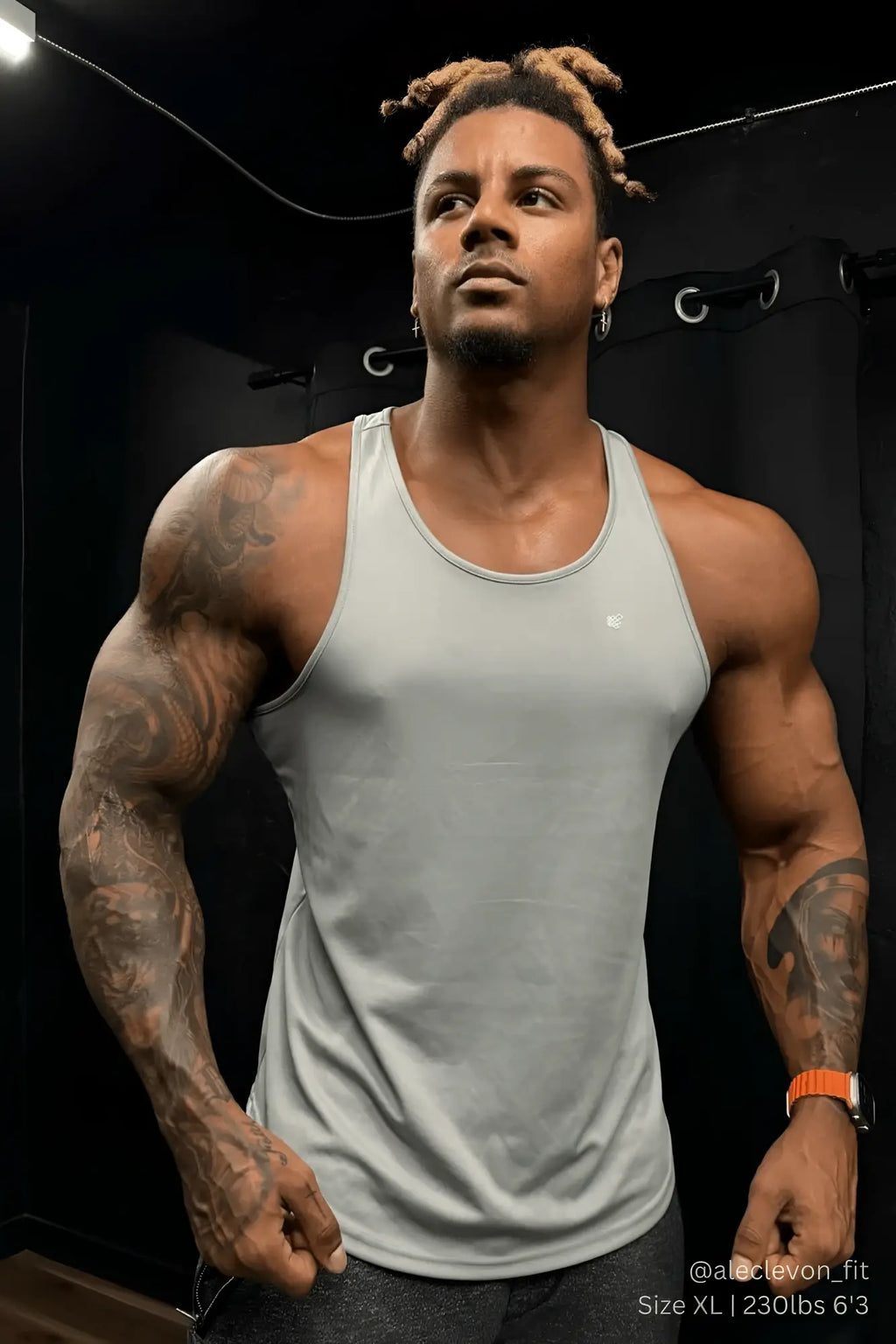 Light gray sleeveless tank top jed north fast dry bodybuilding workout stringer with small logo on left chest