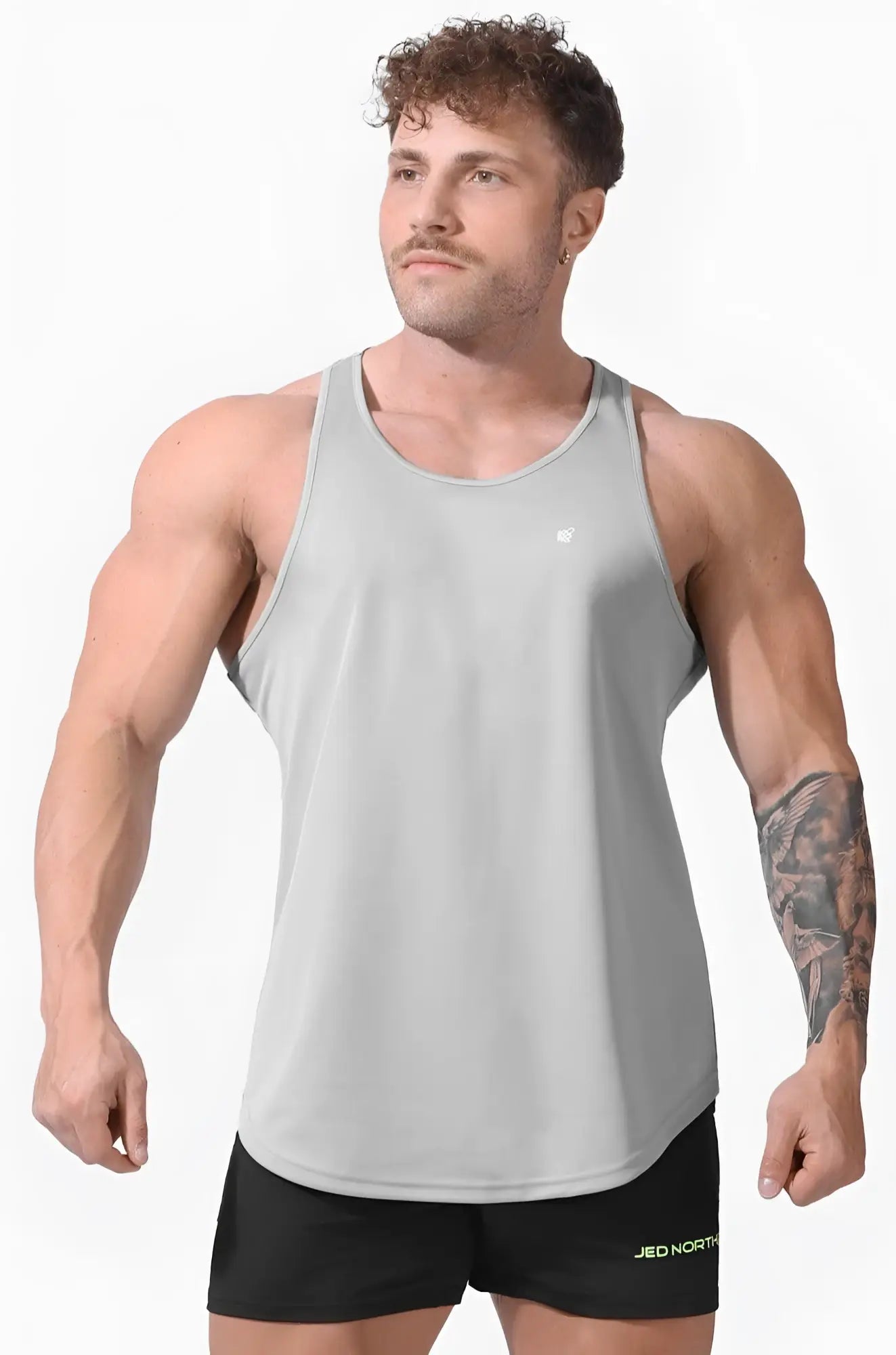 Light gray sleeveless Jed North Fast-Dry bodybuilding workout stringer with subtle textured fabric and white logo on chest