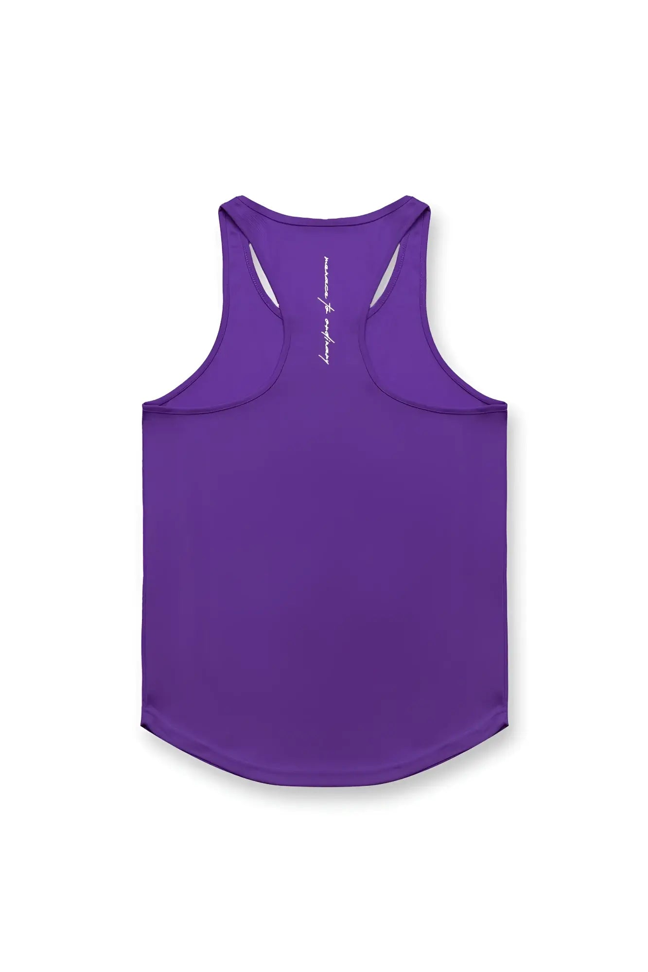 Back view of jed north fast-dry bodybuilding workout stringer in violet with subtle white logo on racerback tank top