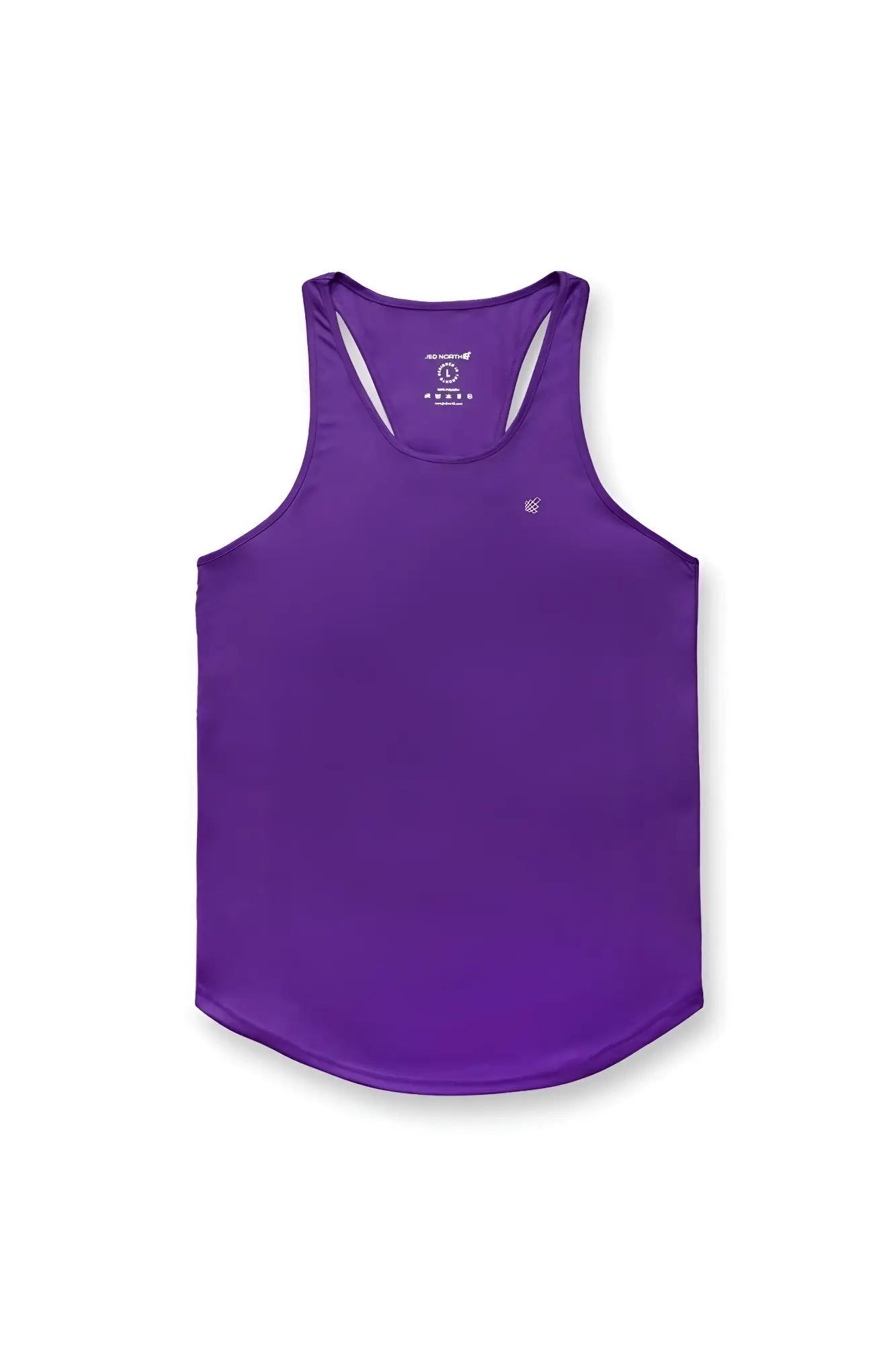 Purple jed north fast-dry bodybuilding workout stringer tank top with white trim and logo on upper left chest