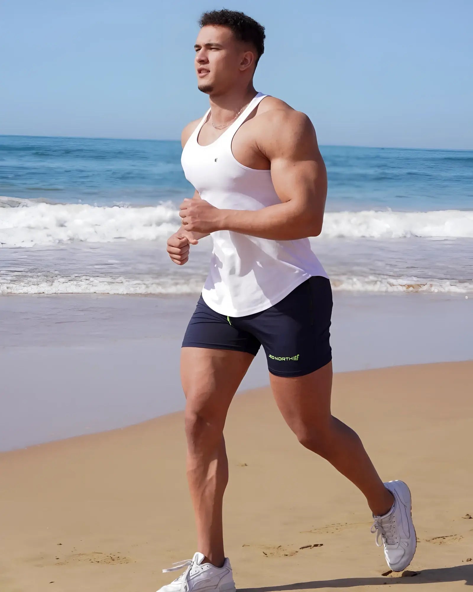 White jed north fast-dry bodybuilding workout stringer tank top with simple design and subtle chest branding