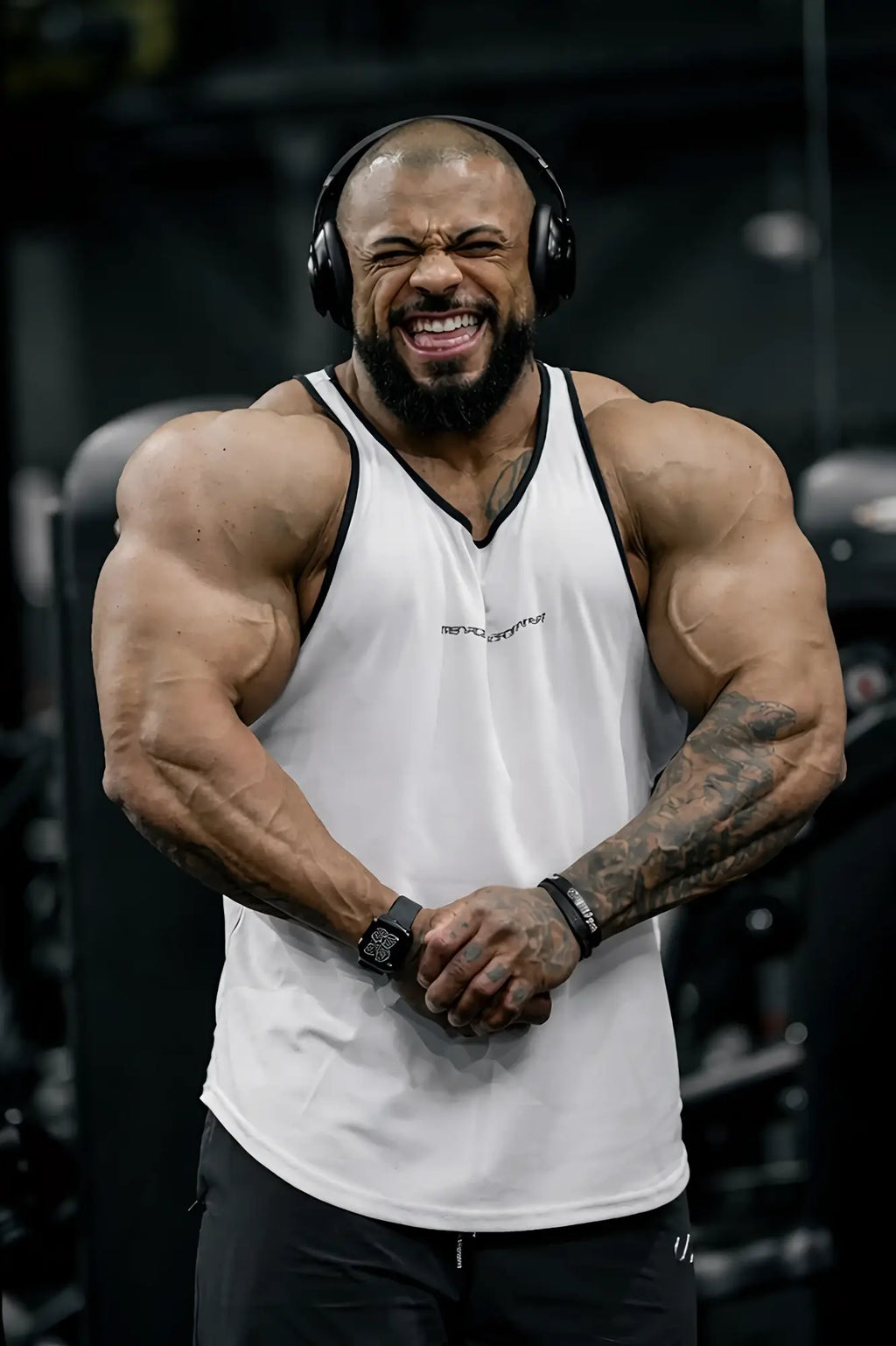 White sleeveless fast-dry bodybuilding workout stringer tank top with black trim and chest logo for men