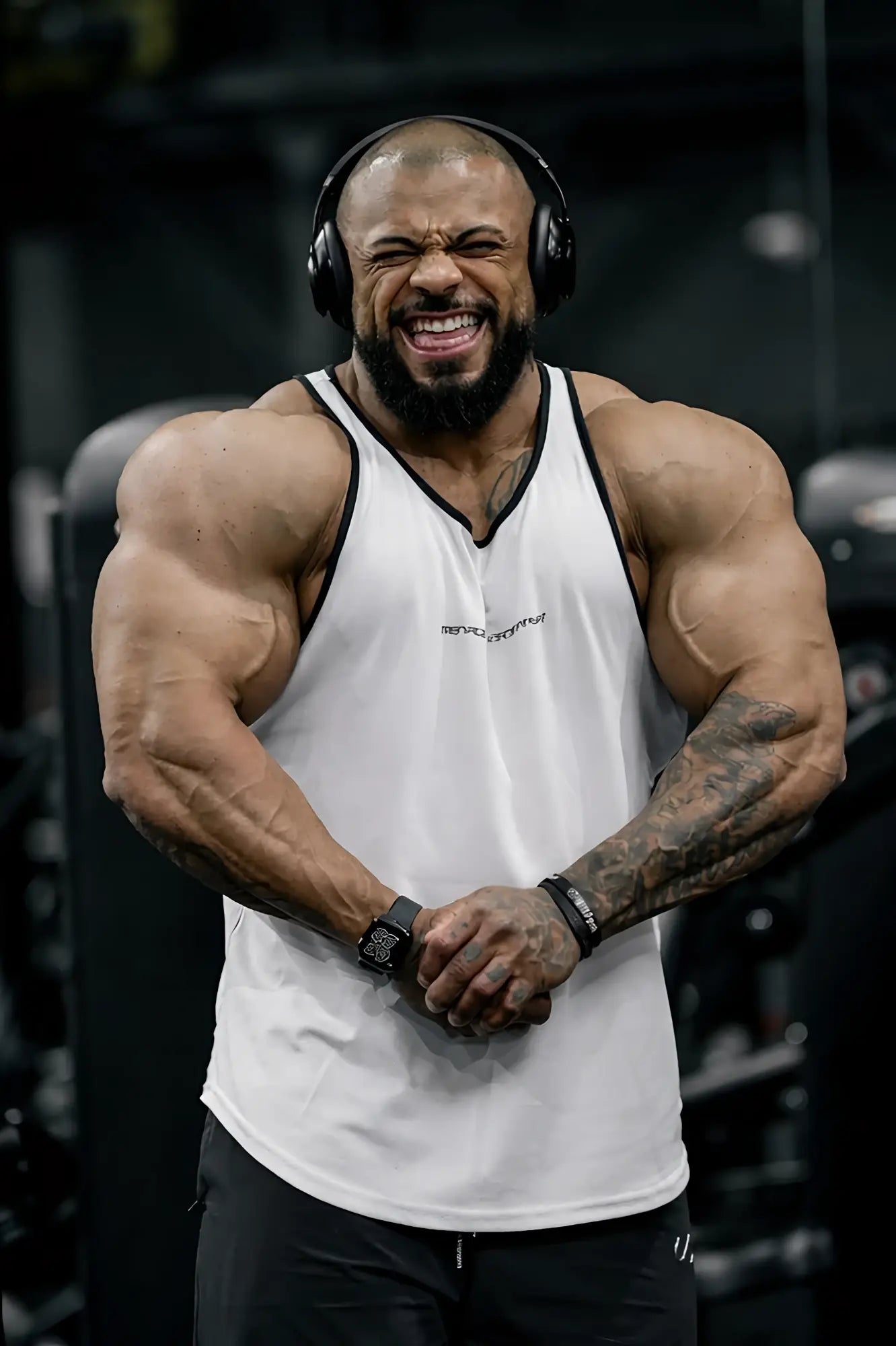 White sleeveless fast-dry bodybuilding workout stringer tank top with black trim and chest logo for men