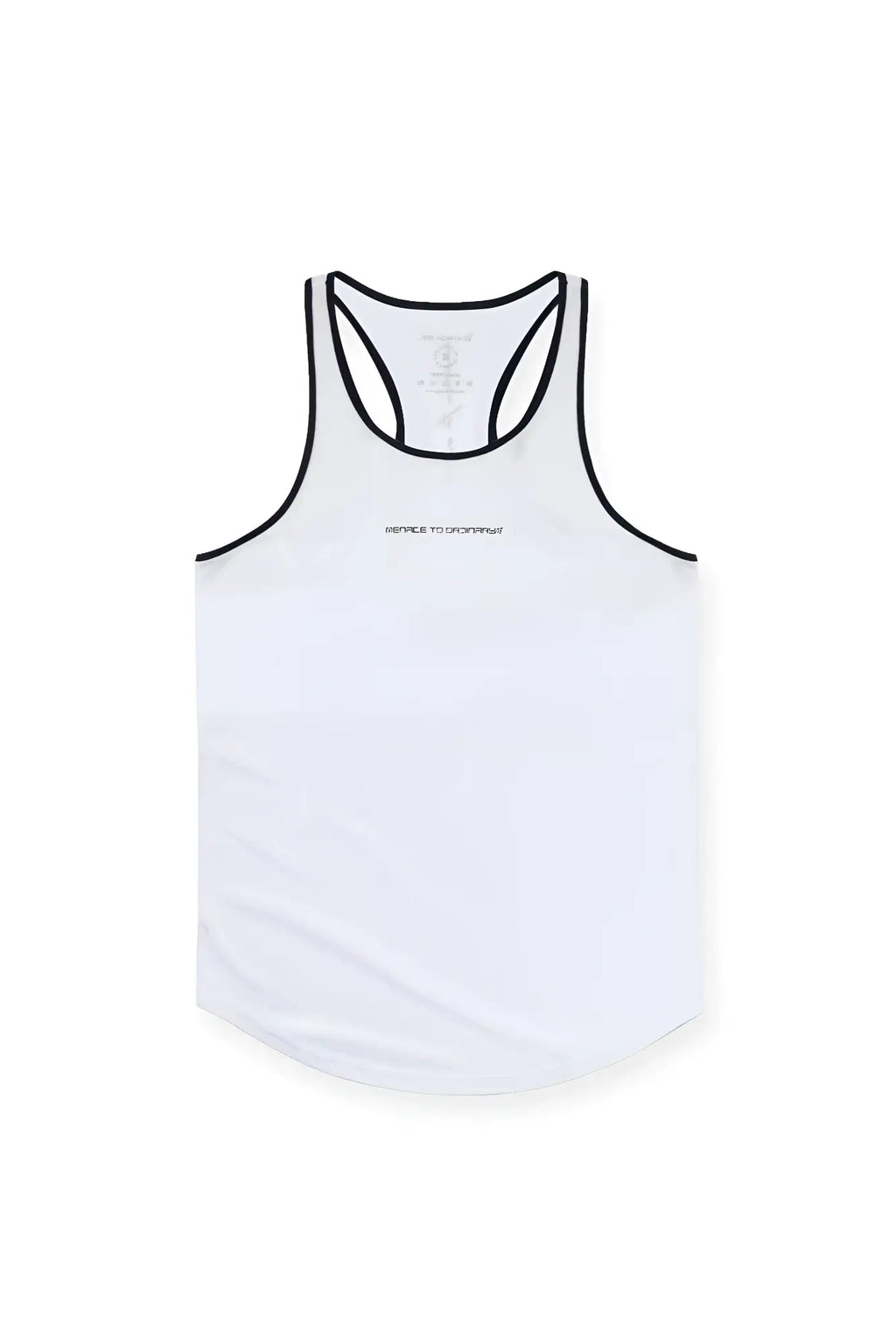 White fast-dry bodybuilding workout stringer tank top with black trim and subtle chest logo for men