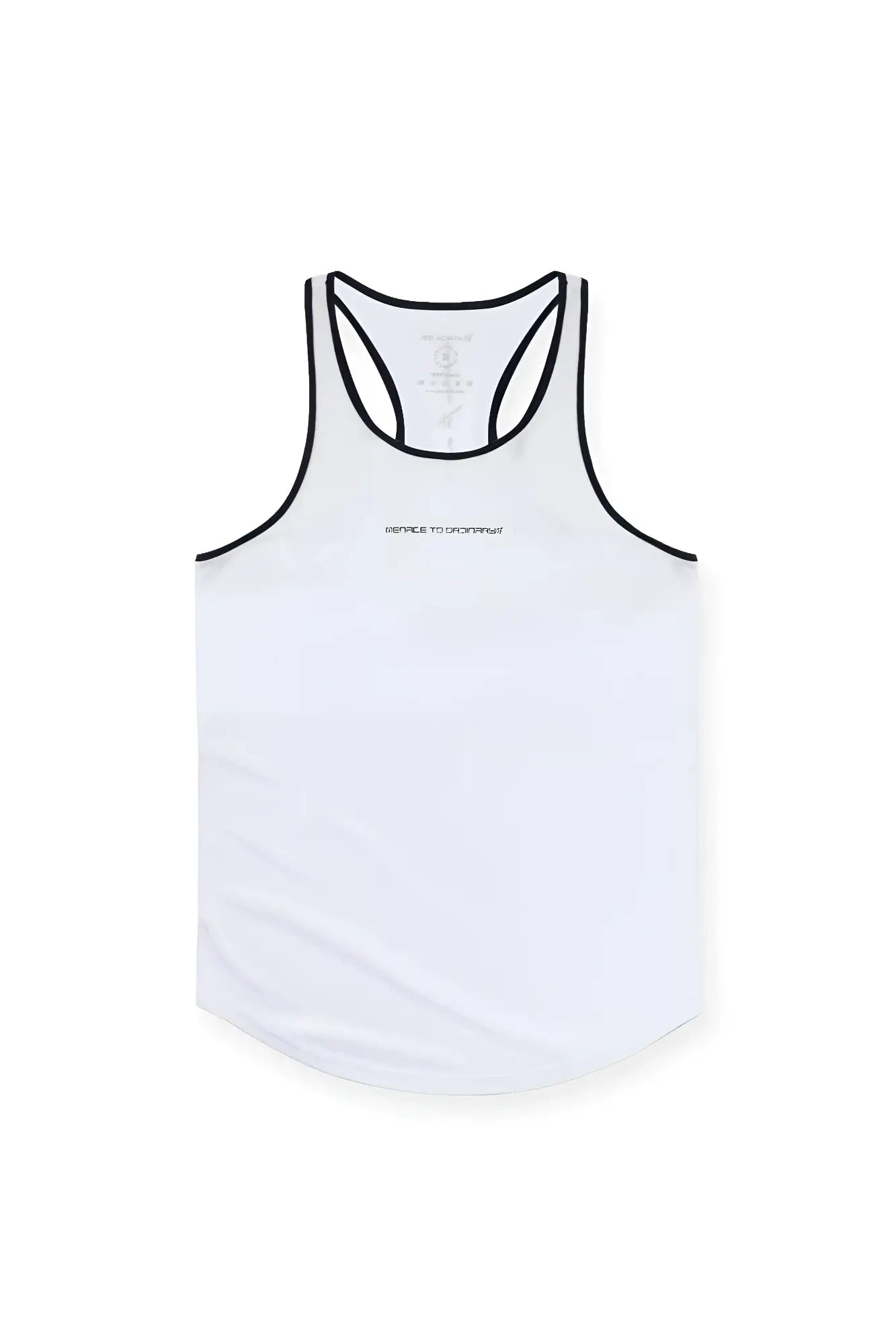 White fast-dry bodybuilding workout stringer tank top with black trim and subtle chest logo for men