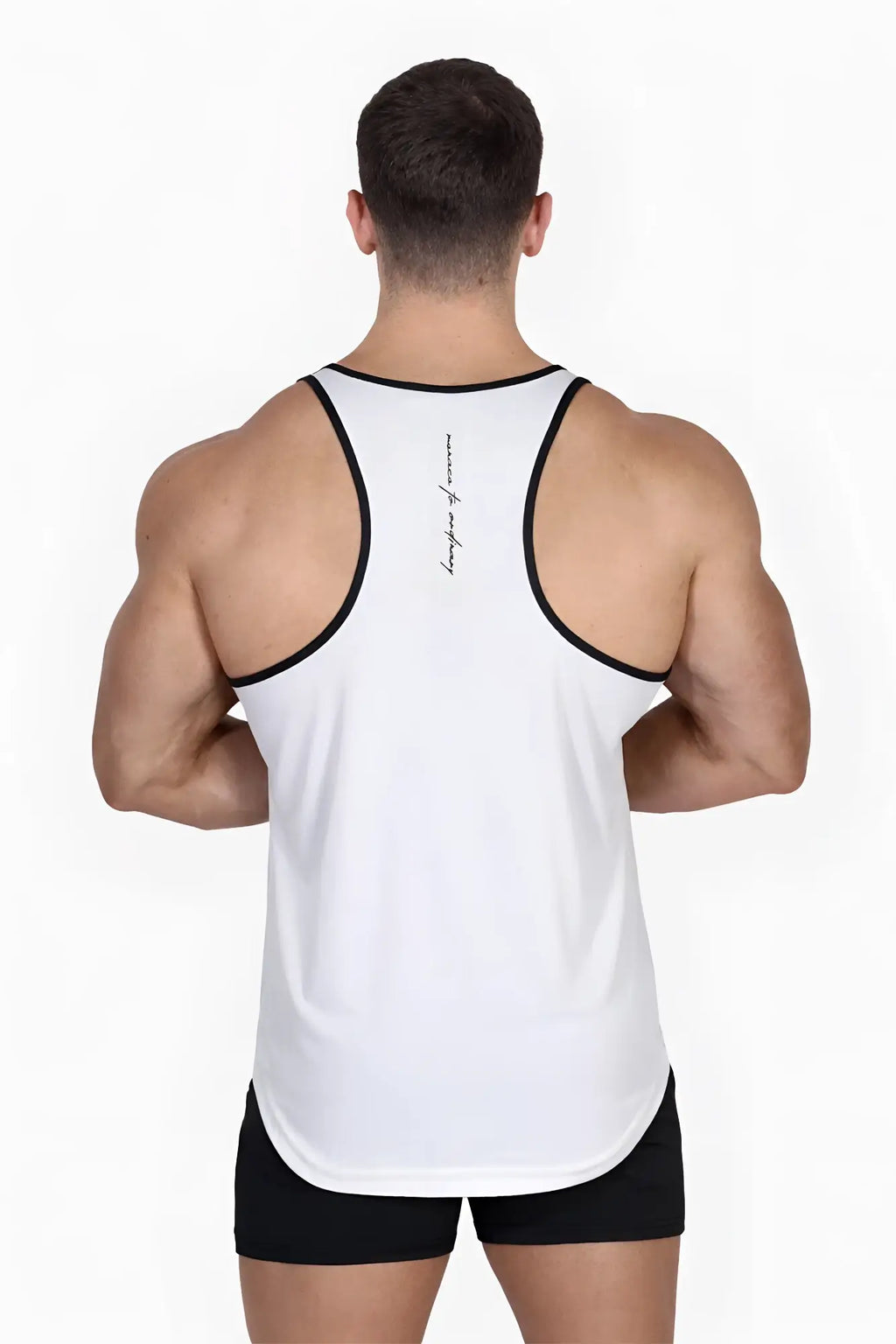 Back view of white fast-dry bodybuilding workout stringer with black trim and vertical script logo on the back