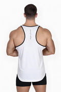 Back view of white fast-dry bodybuilding workout stringer with black trim and vertical script logo on the back