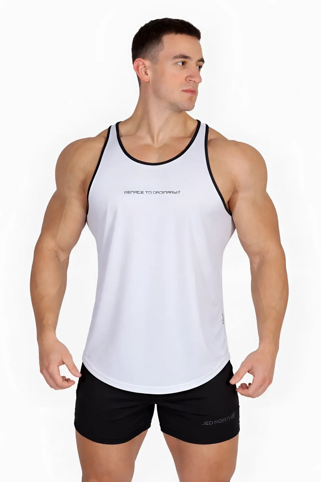 White fast-dry bodybuilding workout stringer tank top with black trim and subtle chest text logo