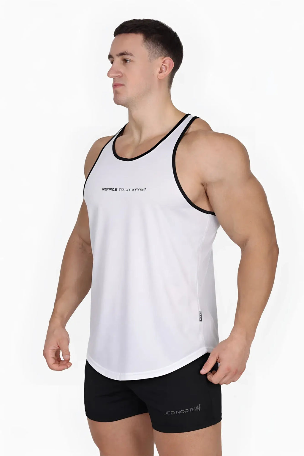 White fast-dry bodybuilding workout stringer tank top with black trim and subtle chest logo for men