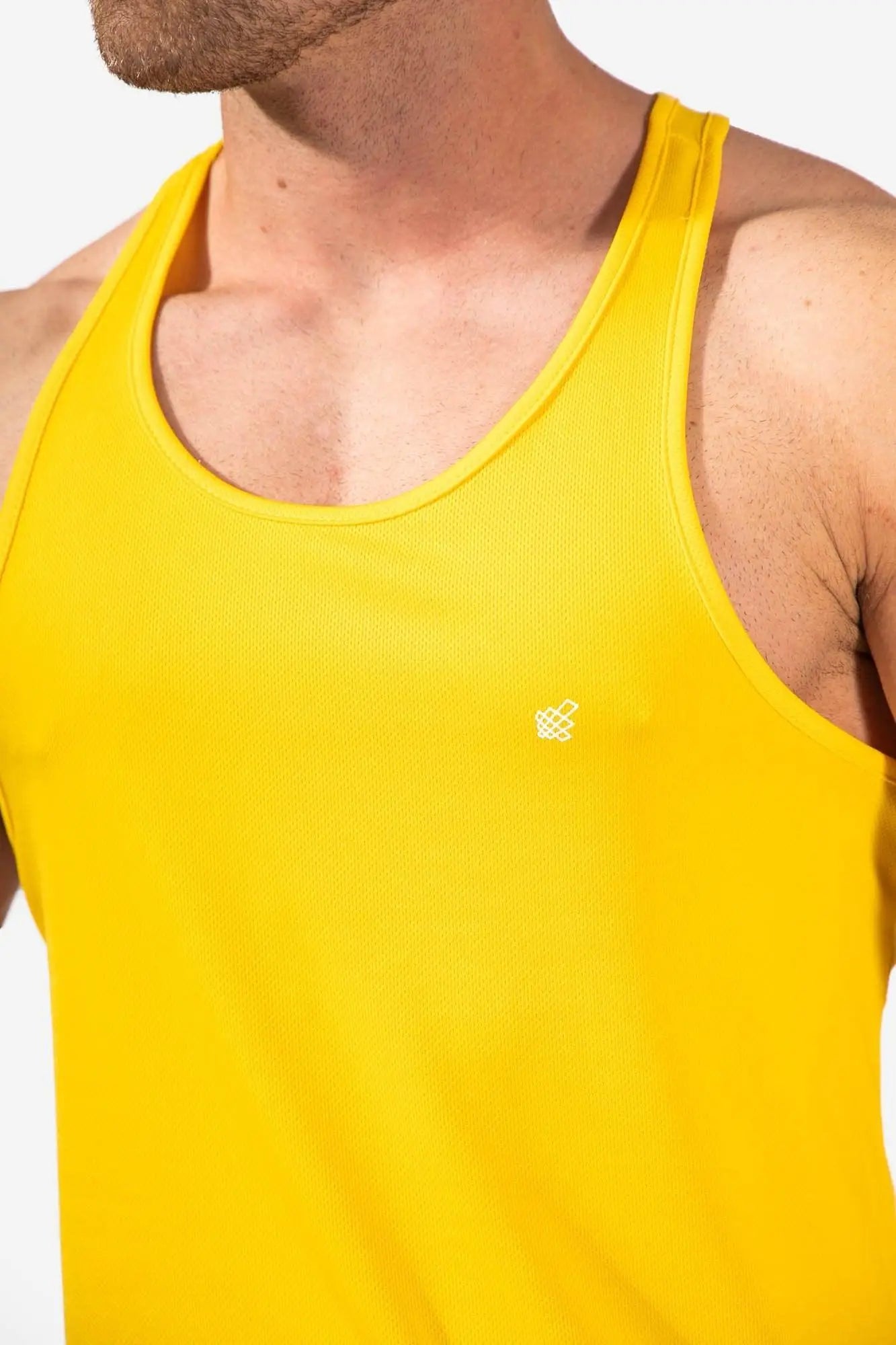 Jed North fast-dry yellow ribbed tank top with small white embroidered logo for bodybuilding workouts