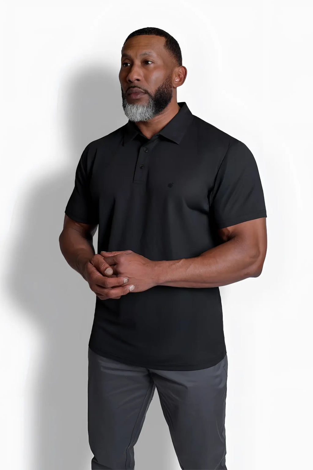 Black fast-dry polo t-shirt with short sleeves, classic collar, and button placket for quick-drying comfort