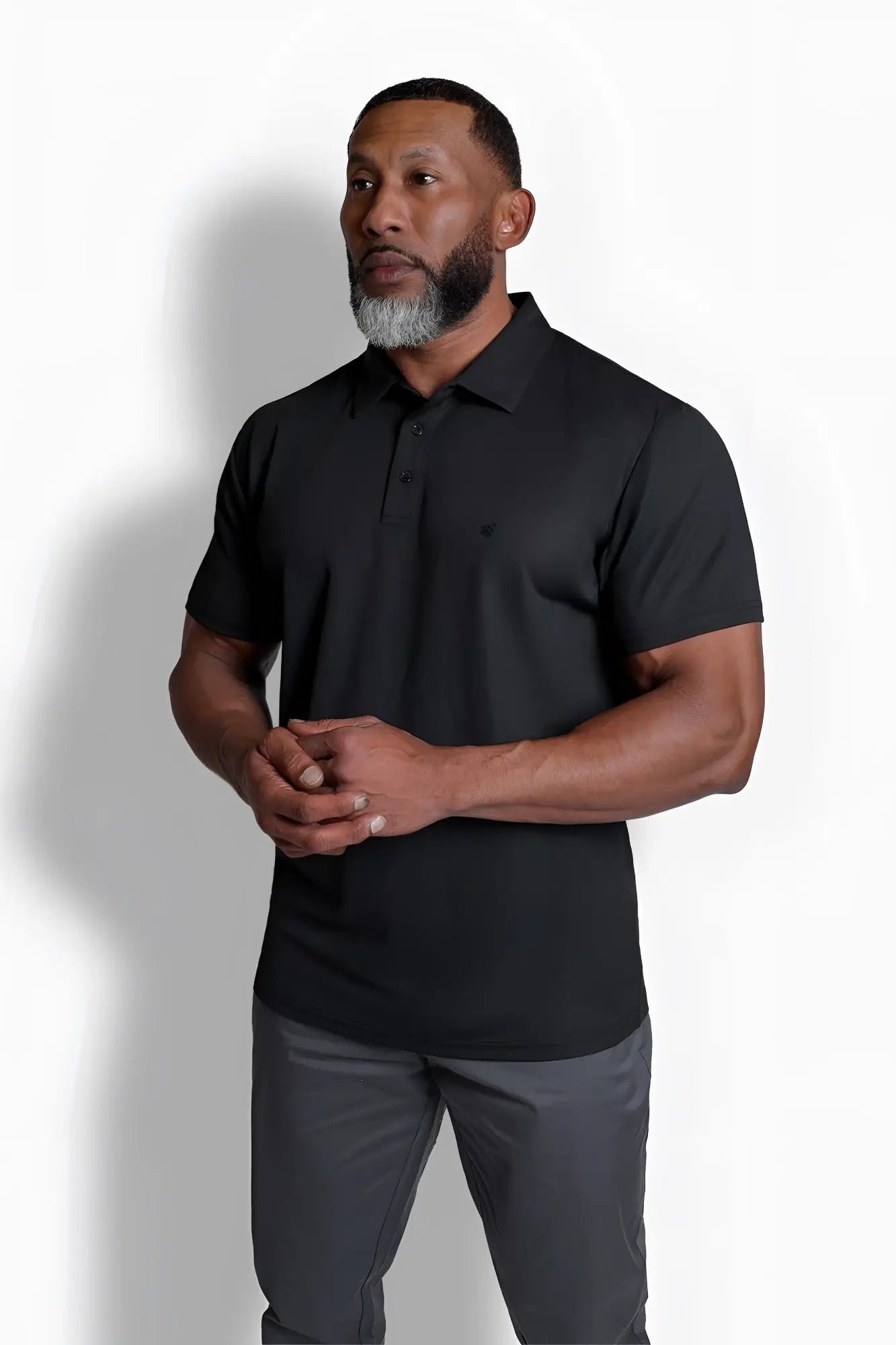 Black fast-dry polo t-shirt with short sleeves, classic collar, and button placket for quick-drying comfort