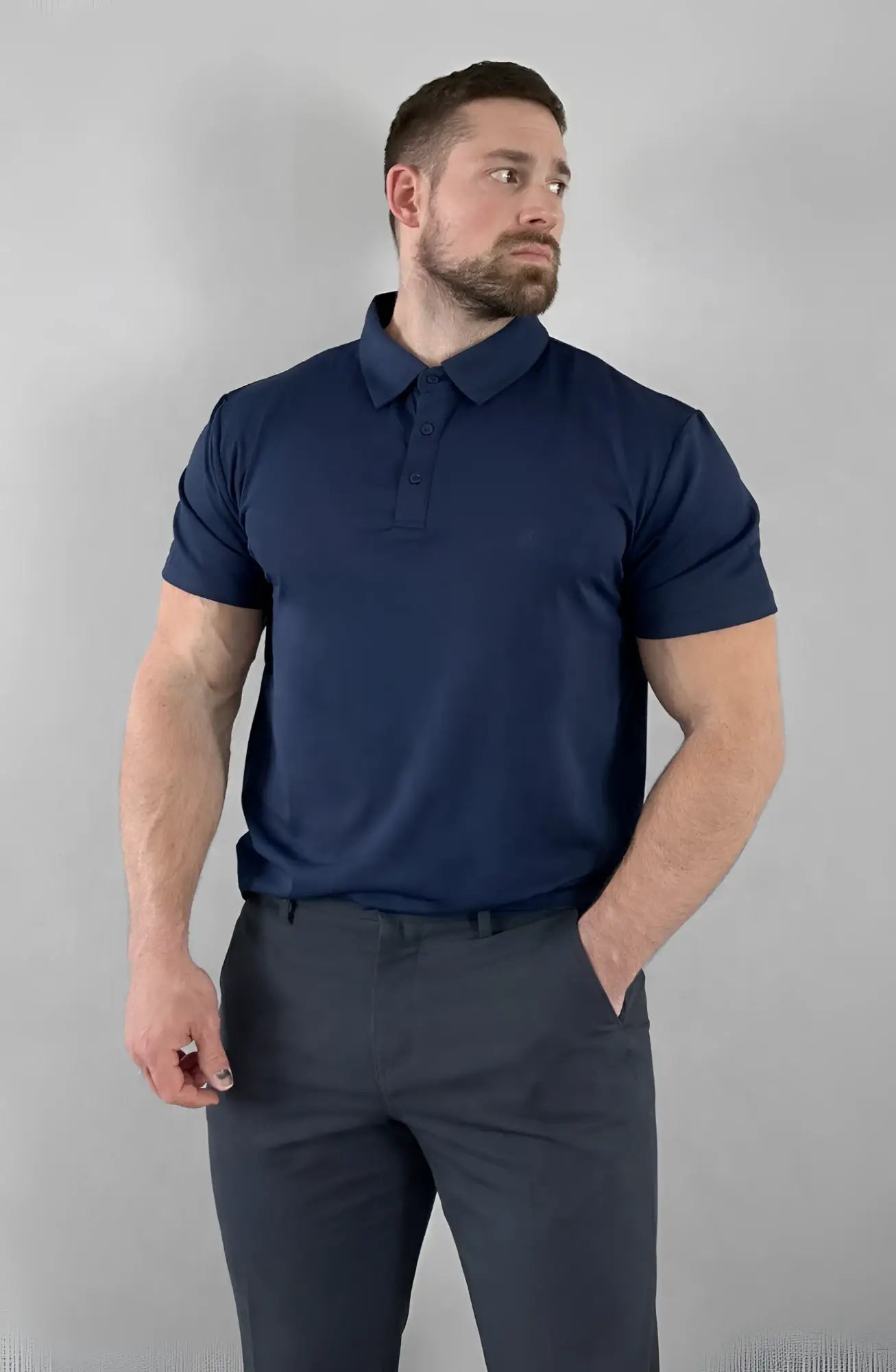Navy blue fast-dry polo t-shirt with short sleeves classic collar and button placket for active wear