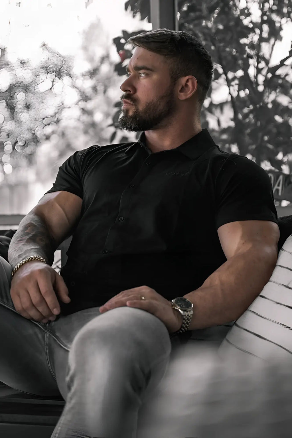 Black short-sleeved flex premium stretch button-up shirt in onyx black made from comfortable stretch fabric